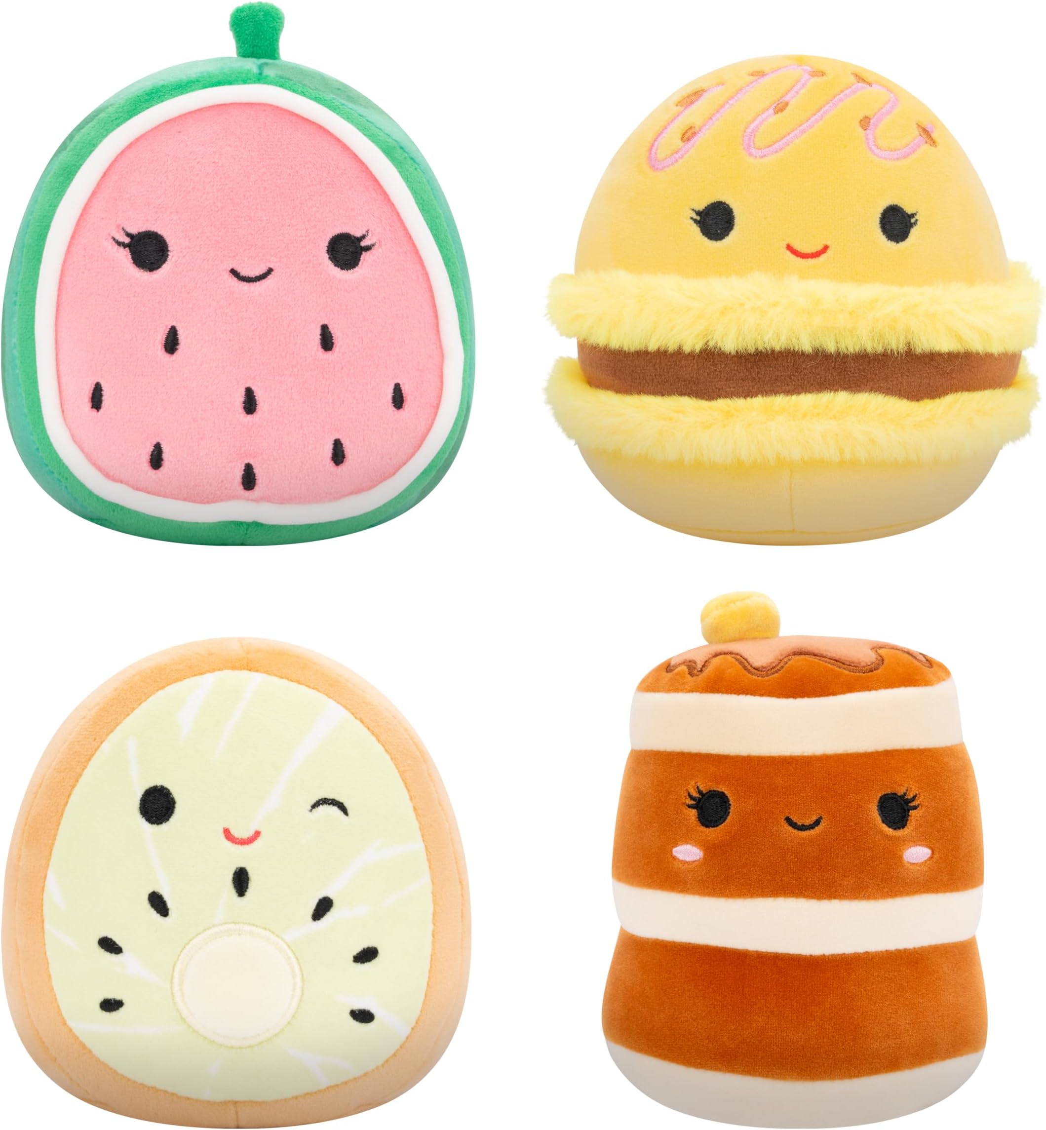 Squishmallows Original 5-Inch Food 4-Pack – Kachina Kiwi, Rayen Pancakes, Visconti Lemon Macaron, Wanda Watermelon