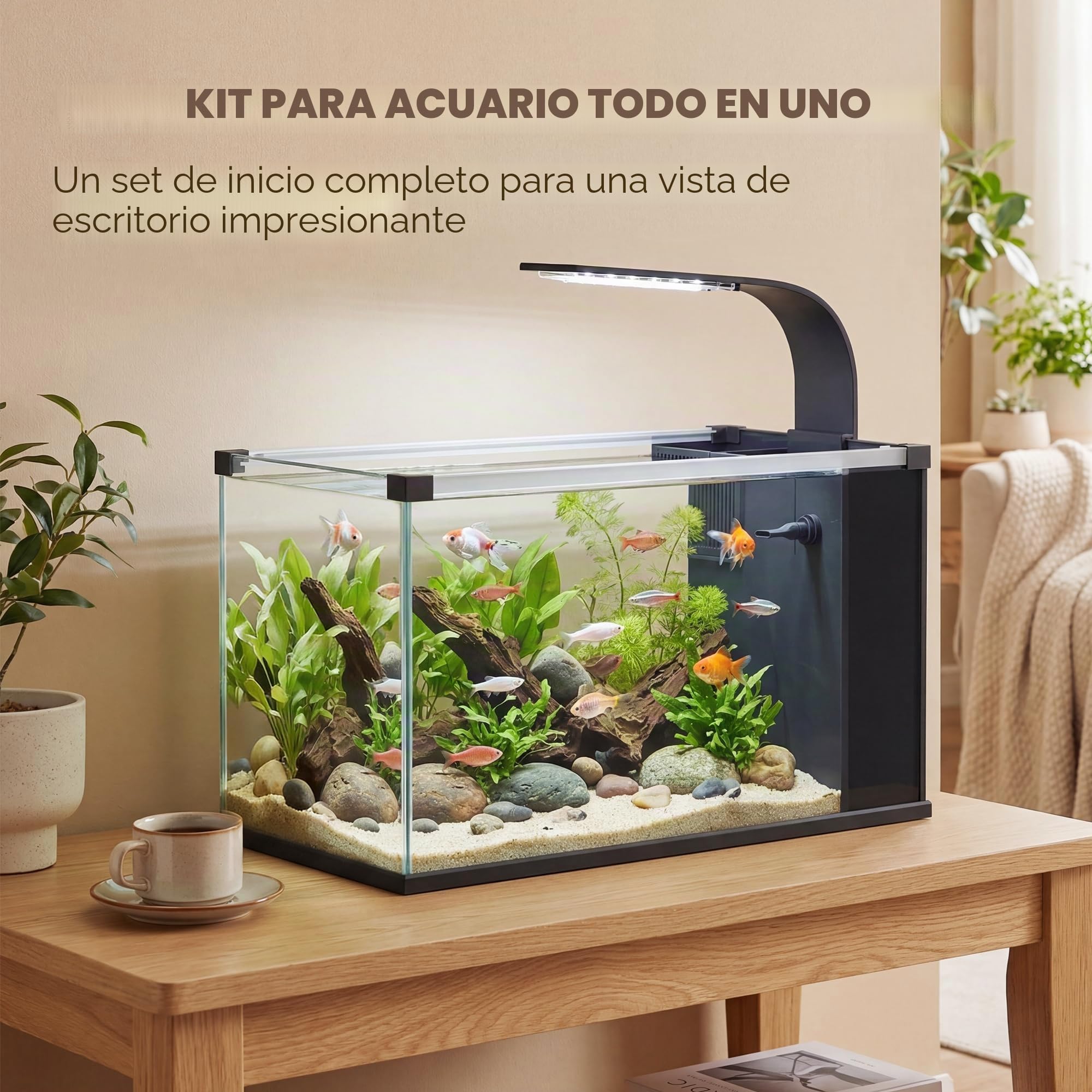PawHut Acuario de cristal templado de 24 l, acuario completo pequeño transparente con filtro integrado, luz LED y bomba de agua para peces tropicales, peces rojos, casa, oficina, 45 x 25 x 25,5 cm