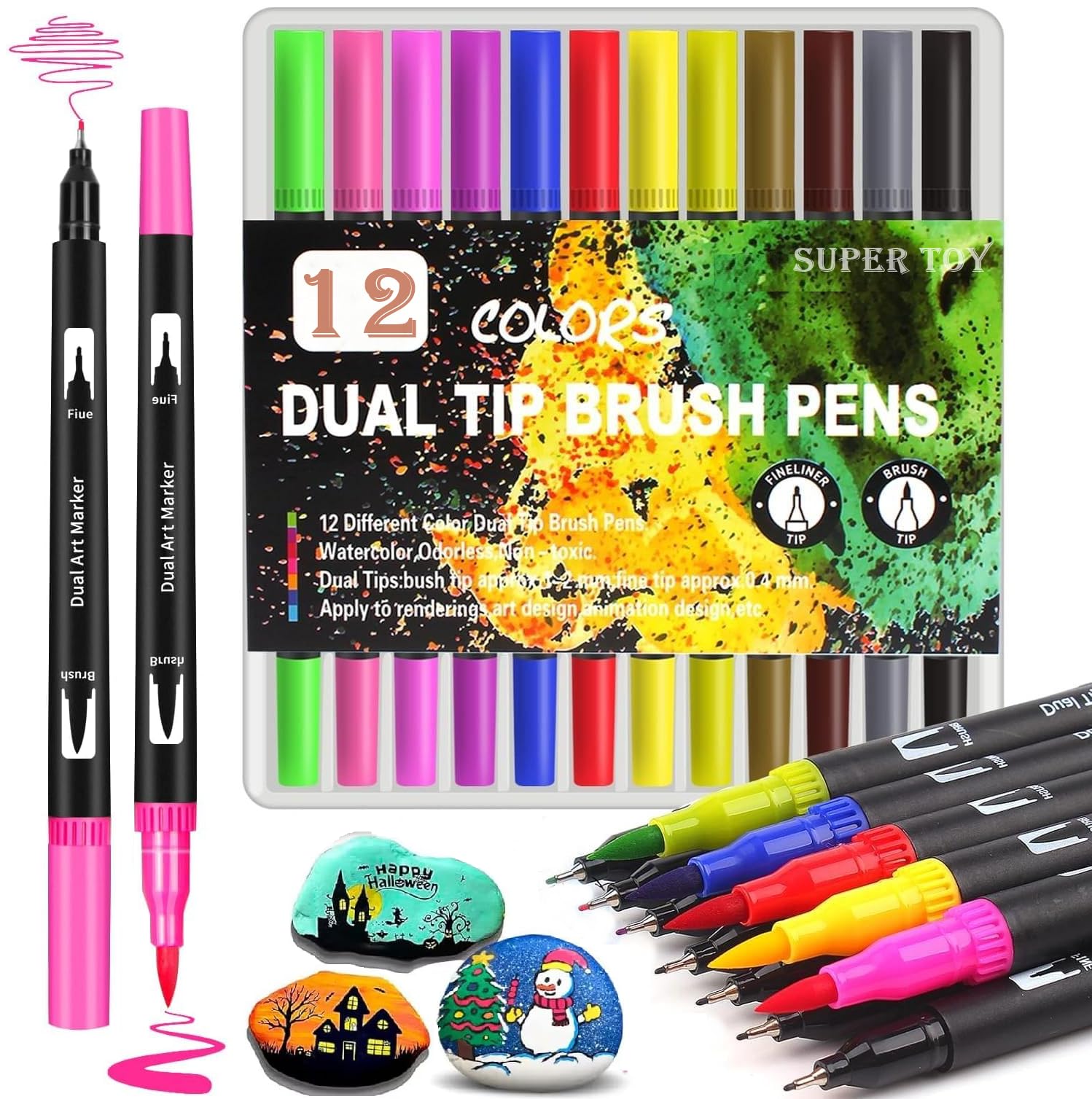 SUPER TOY 12 Dual Tip Brush Pens Felt Tip Art Markers Pen Set 12 Colors for Kids Adults Colouring Book Supplies Fineliner Tip Brush Marker for Drawing Sketching