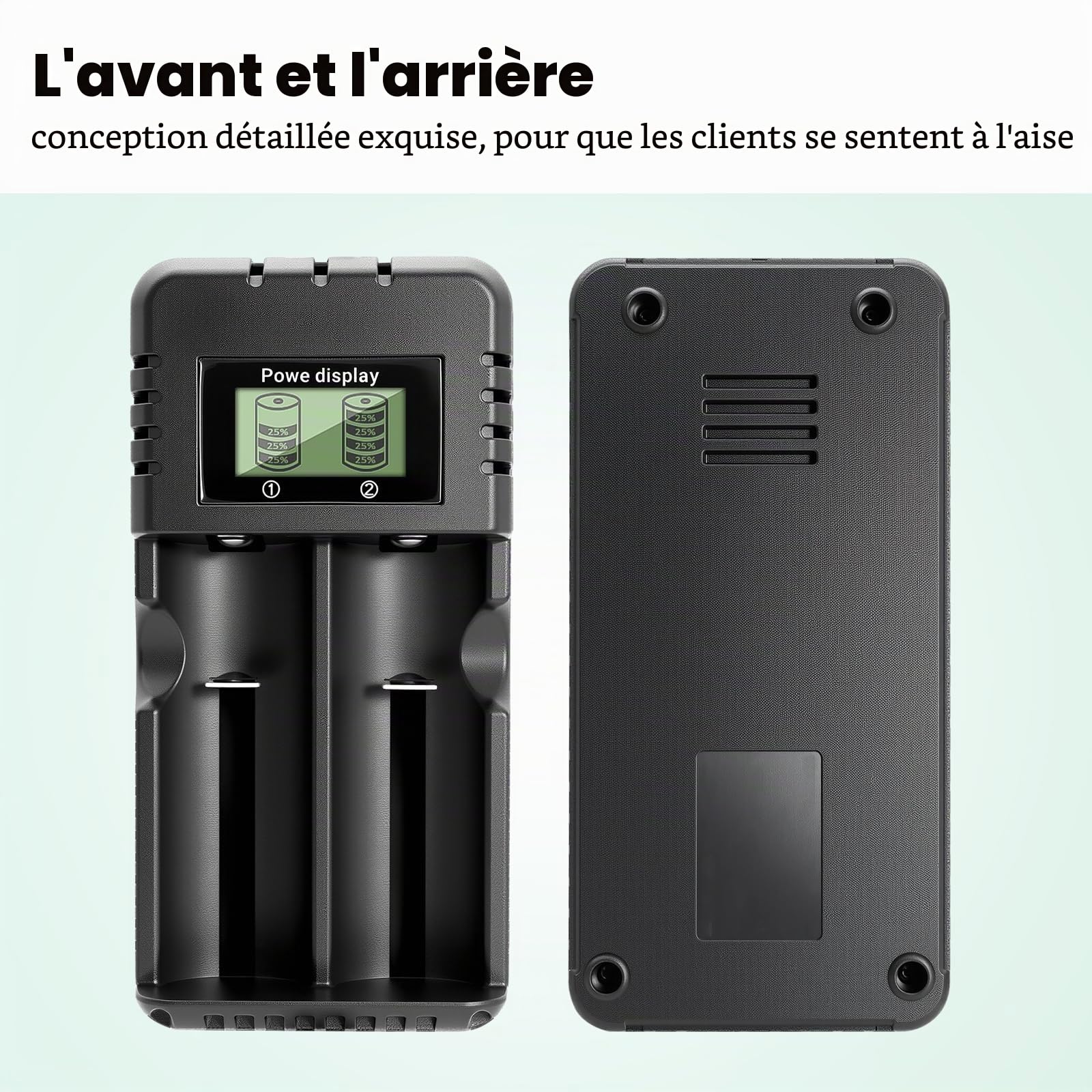 Chargeur de Batterie à LCD, Chargeur de Batterie Li-ION 2 Fentes avec Charge Rapide Intelligente Compatible avec Une Variété de Batteries Li-ION 3,7 V 26650/18650/14500/16340 (2 Fentes)