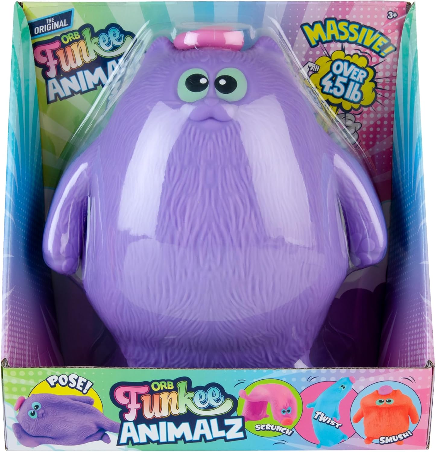 ORB Jumbo Funkee Animalz Squishy Cool Cat with Hat (Purple) - Big, Funny 4.5 lb Stretchy Cat - Squeeze for Stress Relief - Funkee Monkee Sensory and Fidget Collectible Animal Toys for Kids and Adults