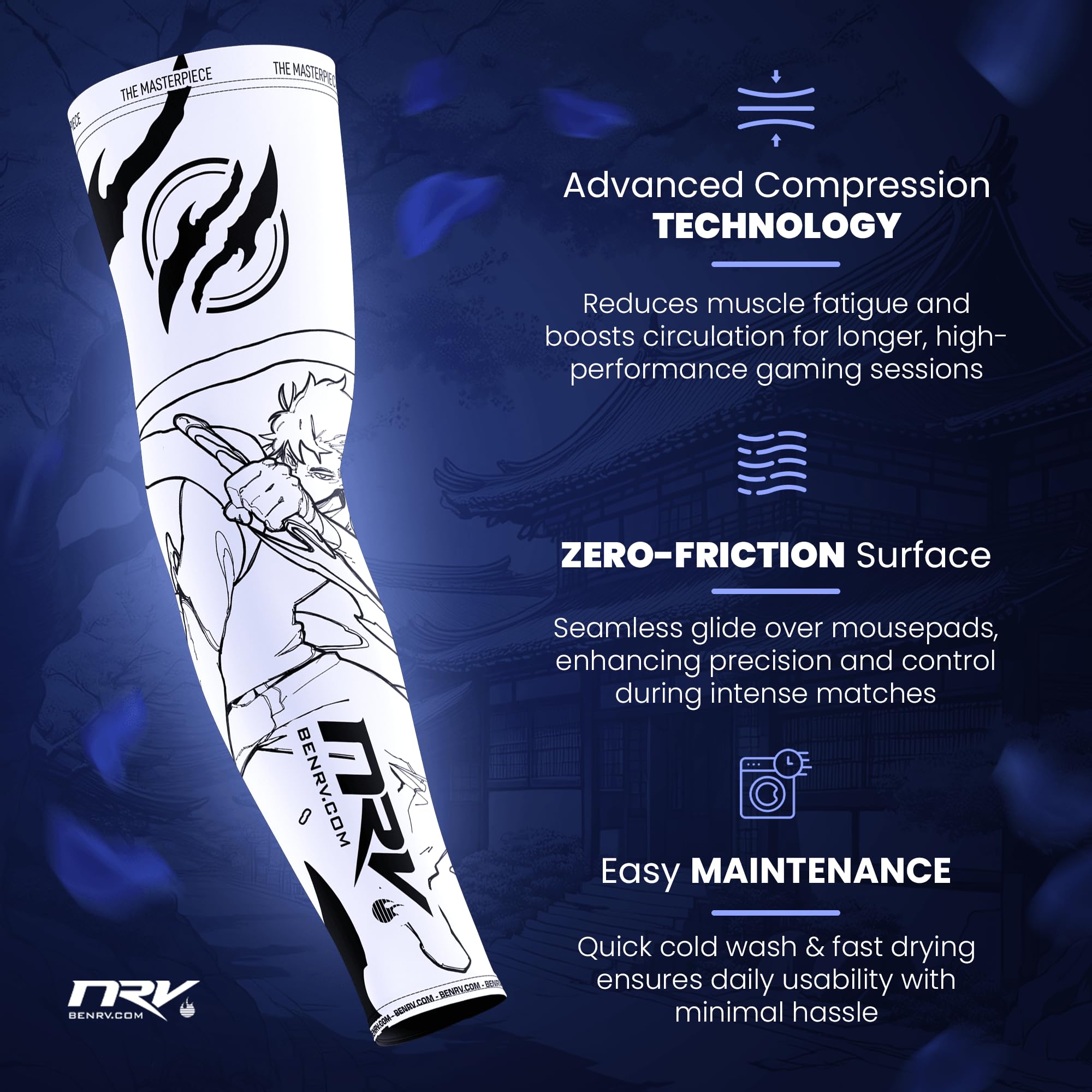 NRV Manchette Gaming eSport MasterPiece – Compression Confort & Contrôle – Anti-Friction – Inspiration Manga – Blanc & Noir – Taille S à 3XL