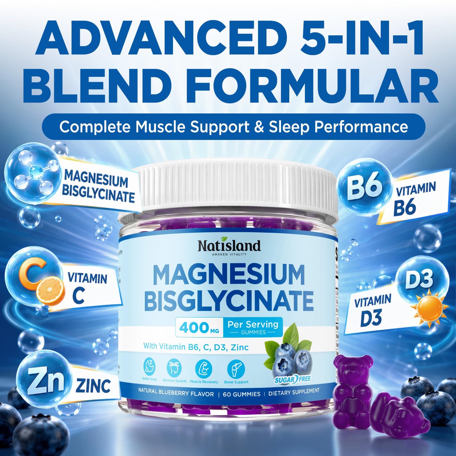 Magnesium Bisglycinate Gummies, 400mg Magnesium Bisglycinate Supplement, with Vitamin B6, C, D3, Zinc for Sleep & Relaxation, Muscle Support, Sugar-Free, Vegan, Blueberry Flavor, 60 Count — Amazon image 4