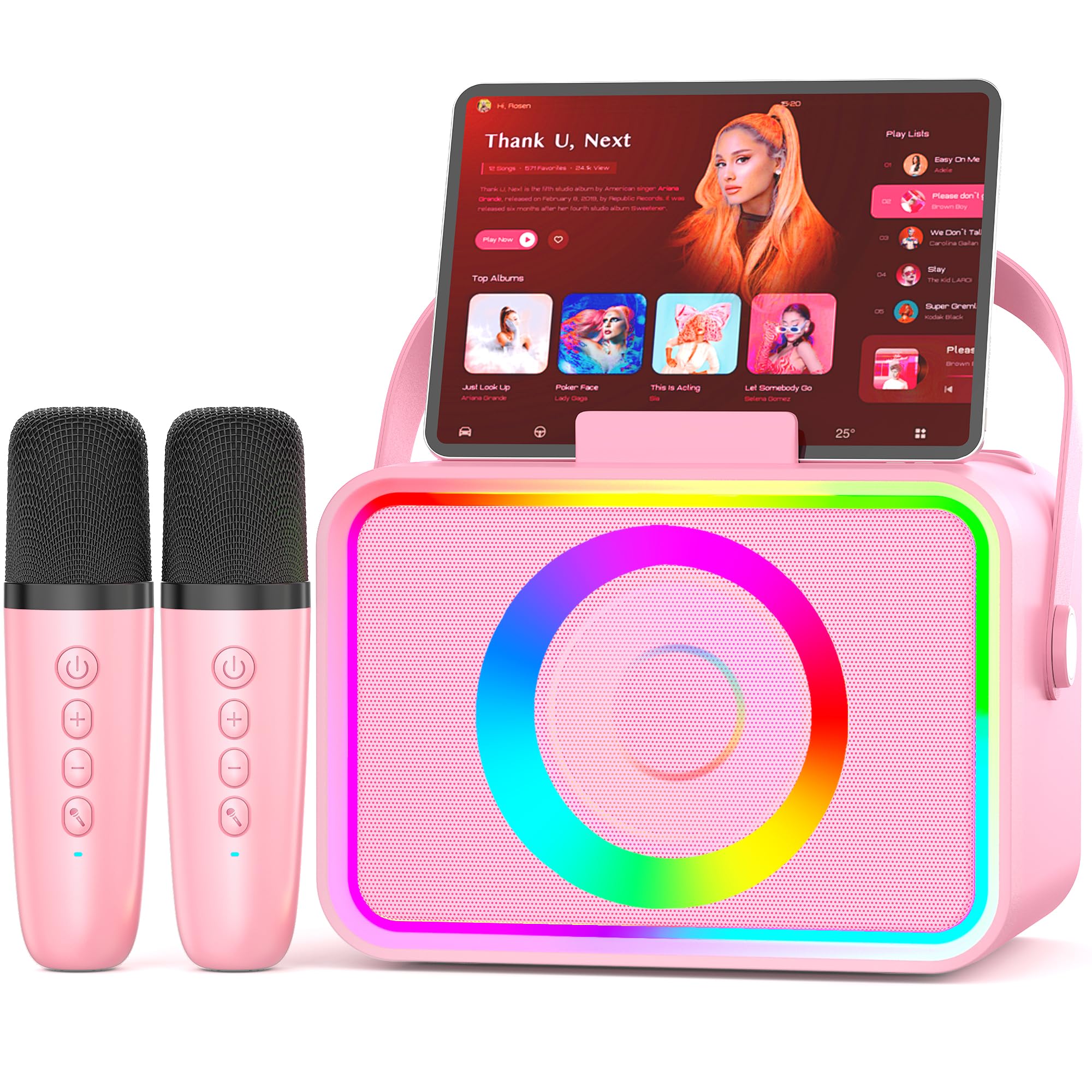 Karaoke Machine,Portable Bluetooth Speaker with 2 Wireless Microphone for Adults & Kids with LED Lights, Karaoke Microphone with PA System Supports USB/TF/AUX,Gift for Party (Pink)