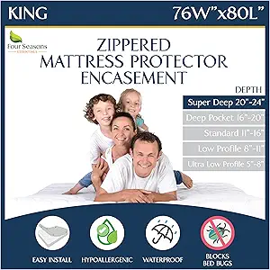 Super Deep Pocket Mattress Encasement - King - Zippered Bedbug Waterproof Protector for Very Deep Mattresses 20-24 inch Depth
