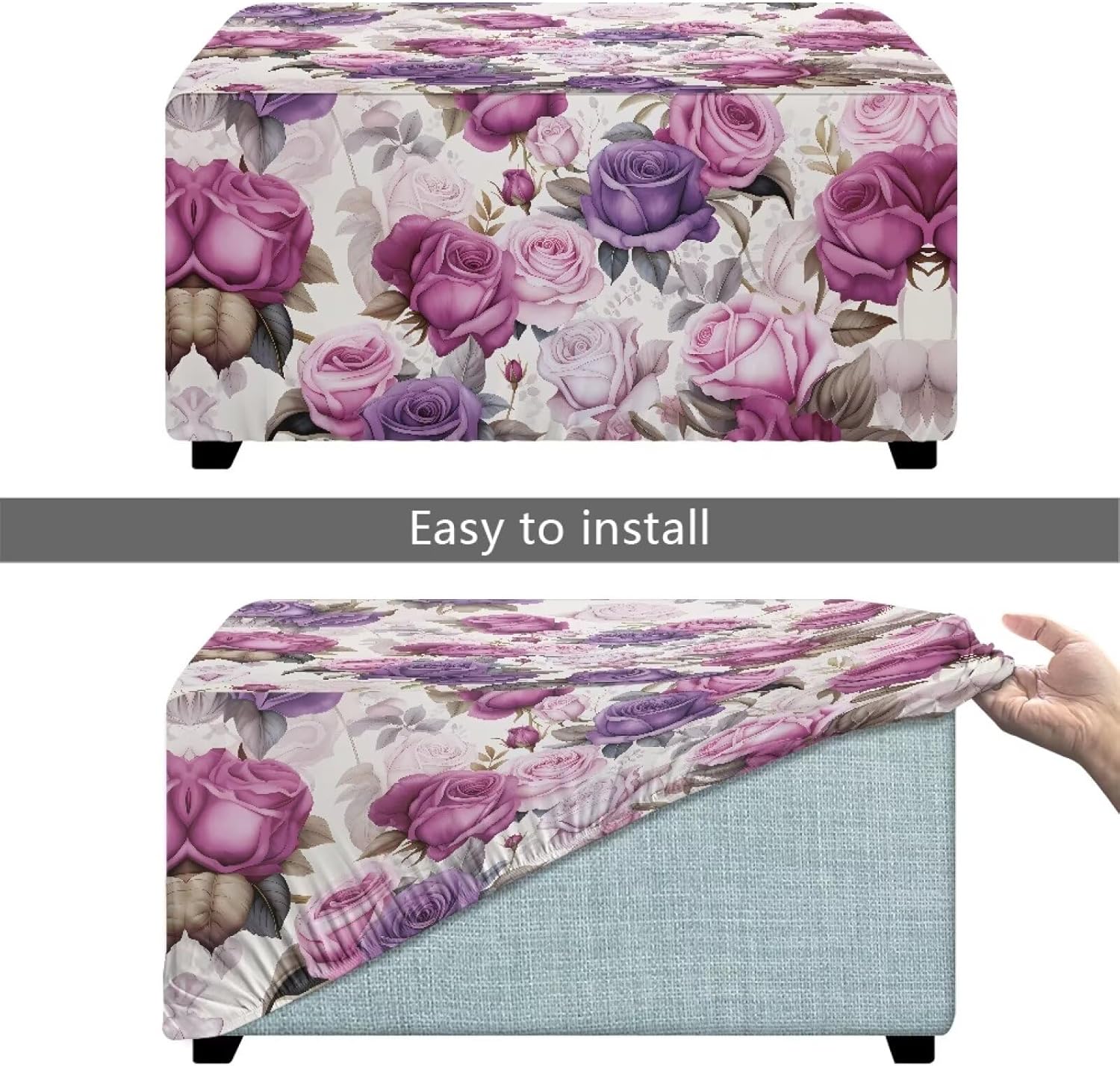 Purple Floral Small Ottoman Cover Non-Slip Rectangular Ottoman Slipcovers Polyester Breathable Footstool Cover Flodable Storage Footstool Protector for Women's Room Birthday Gifts