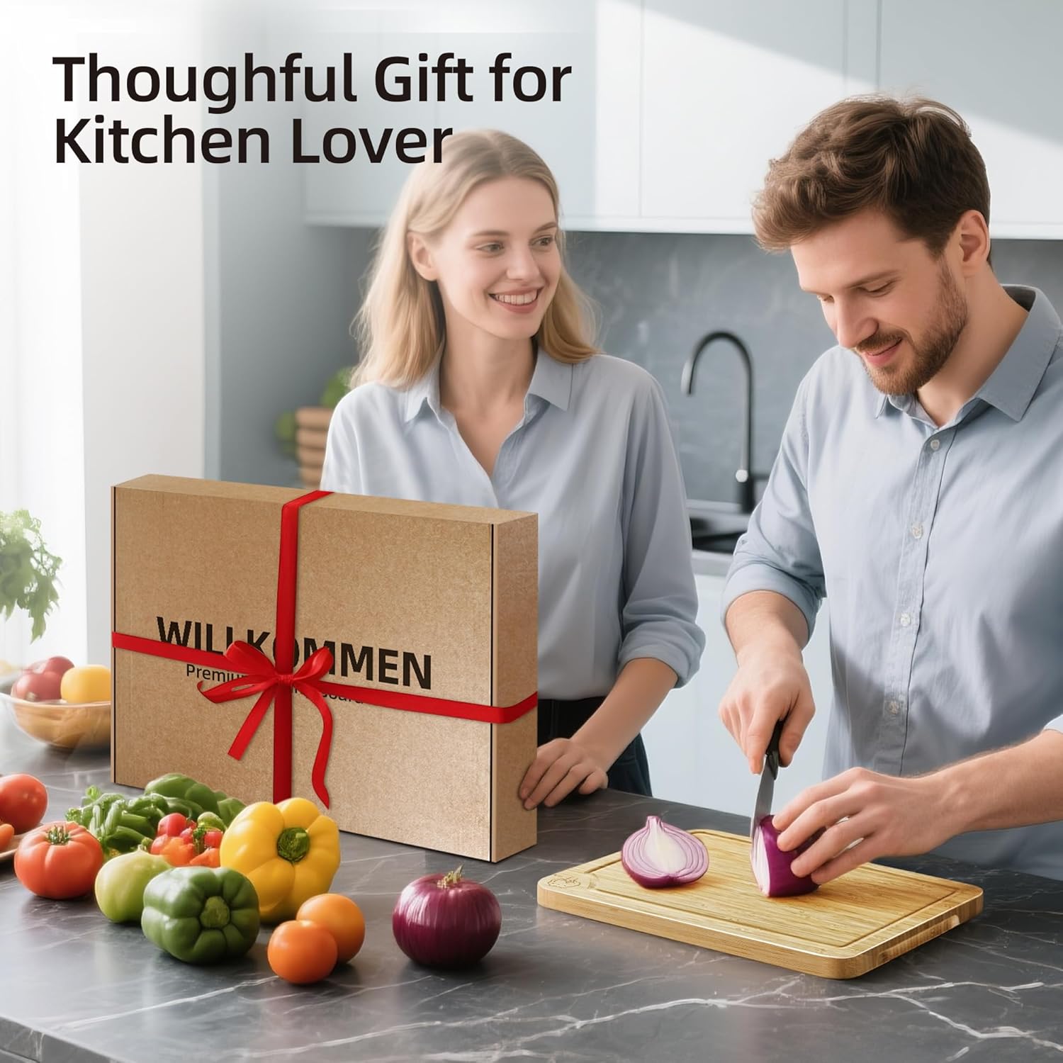 WILLKOMMEN 4-Piece Bamboo Cutting Boards for Kitchen, Chopping Board Set with Food Icon (Meat, Fish, Vegetables, Fruits) Butcher Block with Stands, Handles & Juice Grooves (Small, Medium, Large, XL)