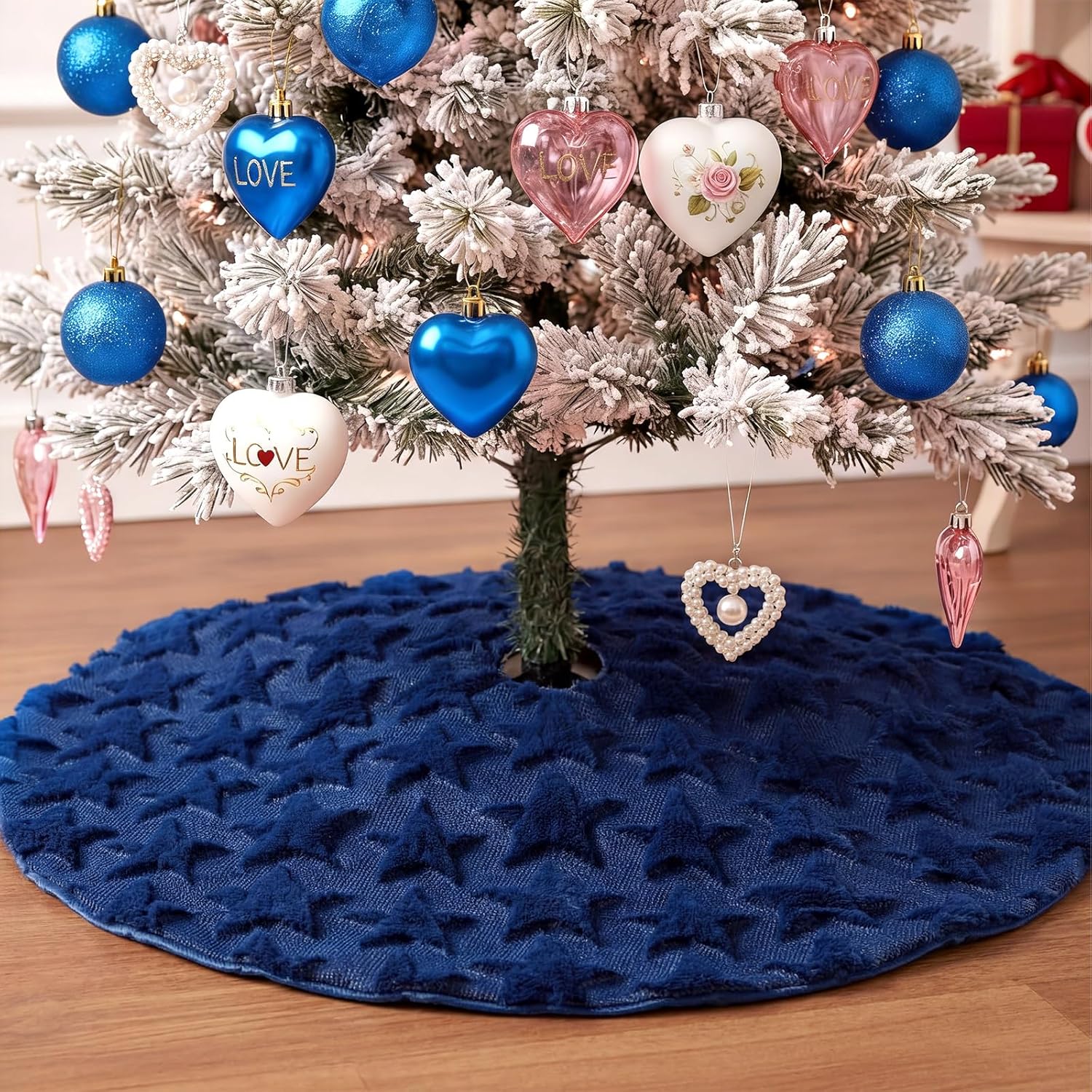 Civaner 4th of July Patriotic Tree Skirt 36 Inch 250th Anniversary Blue Stars Soft Plush Faux Fur Jacquard Summer Trees Skirts for Independence Memorial Day Xmas Trees Holiday Decoration