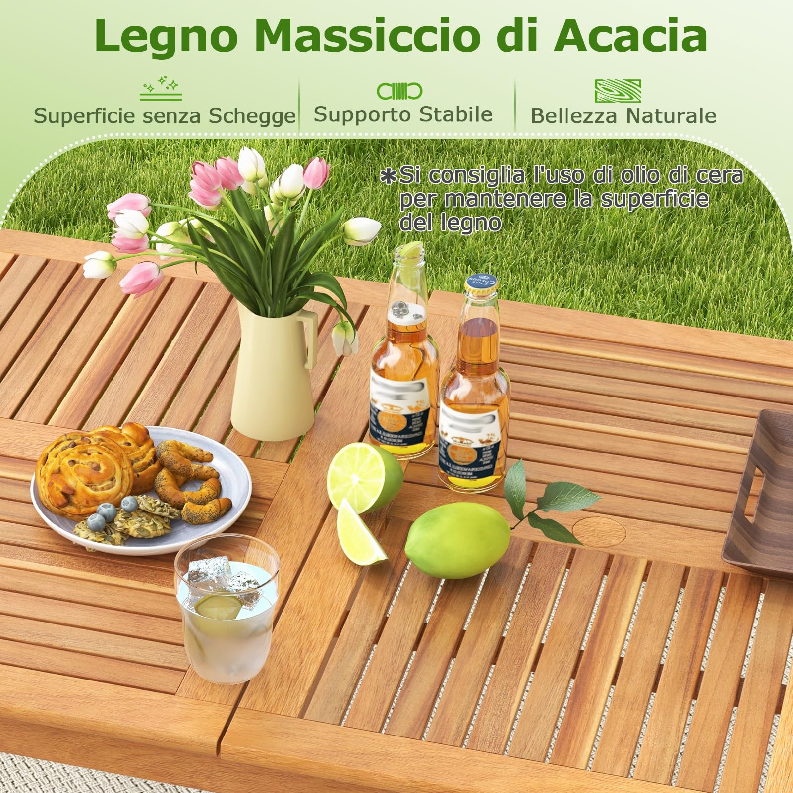 COSTWAY Tavolo Pranzo da Esterno 170 cm, con Foro per Ombrellone 5 cm, Tavolo Giardino in Legno Acacia a 6 Posti, per Giardino Patio, Portata 160 kg, 170 x 90 x 75,5 cm