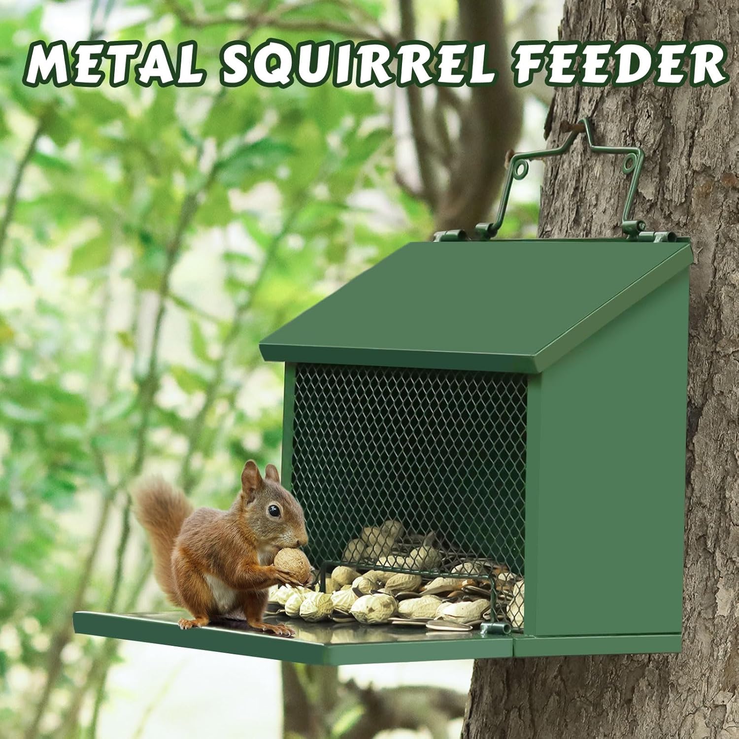 Metal Squirrel Feeder, Squirrel Feeders for Outside Hanging Nesting Box Chipmunk Picnic Table House Outdoors for Corn, Nut, Peanuts Green 1 Pack
