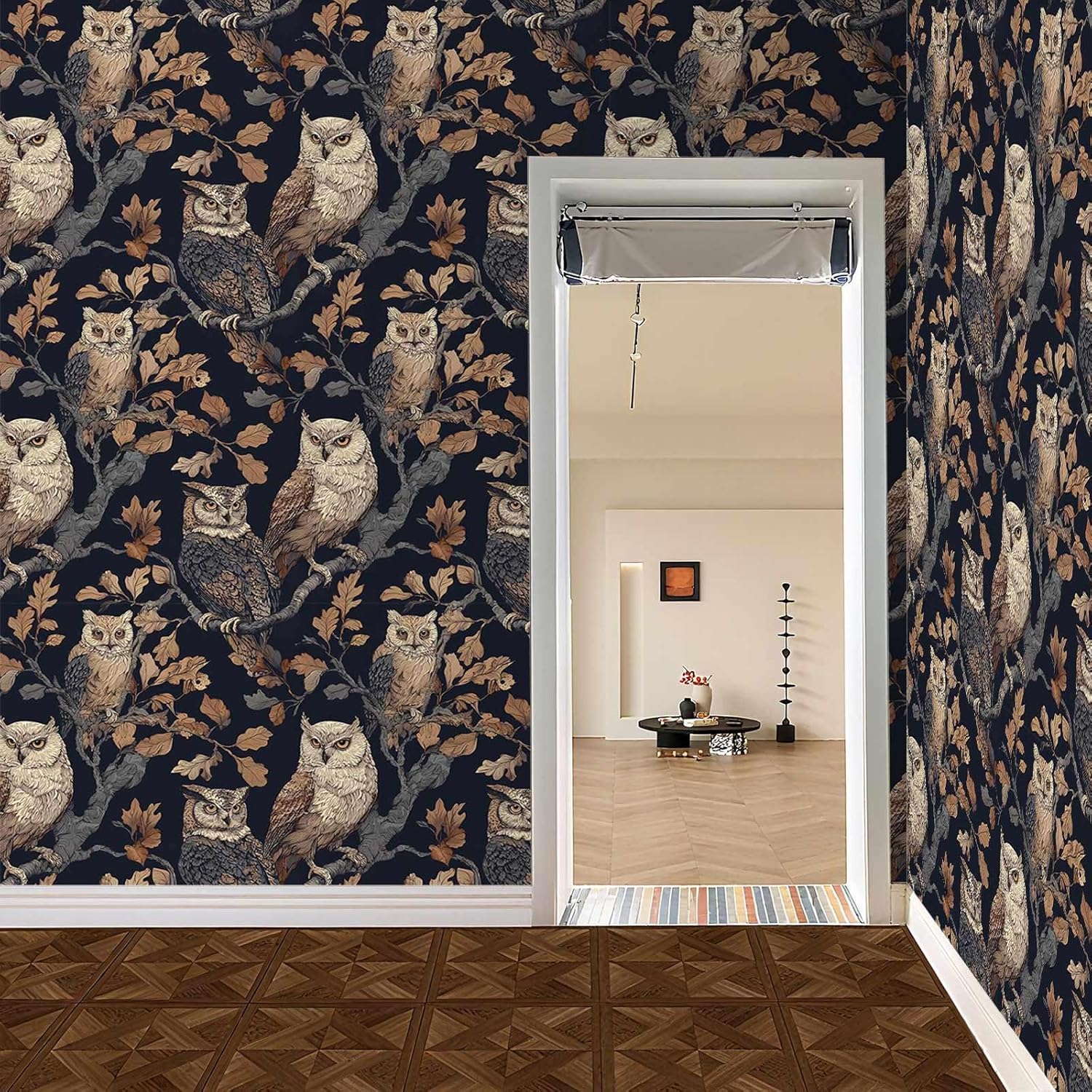Owl Forest Peel and Stick Wallpaper, Vintage Woodland Wallpaper with Owls and Oak Leaves for Home Decor | 17.7" x 118", Self-Adhesive, Waterproof Vinyl