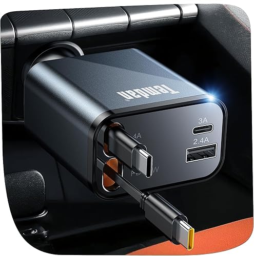 Temdan Cargador retráctil para automóvil de 69 W, cargador rápido 4 en 1, USB C, accesorios de automóvil para hombres y mujeres, accesorios de
