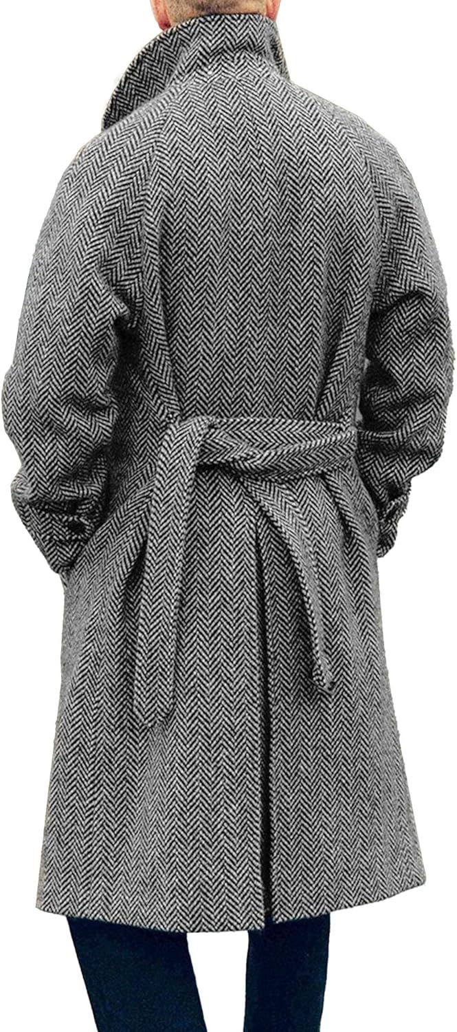 Men's Plaid Notched Lapel Wool Blend Coat Double-Breasted Padded Pea Coat Winter Mid Length Slim Fit Warm Overcoat