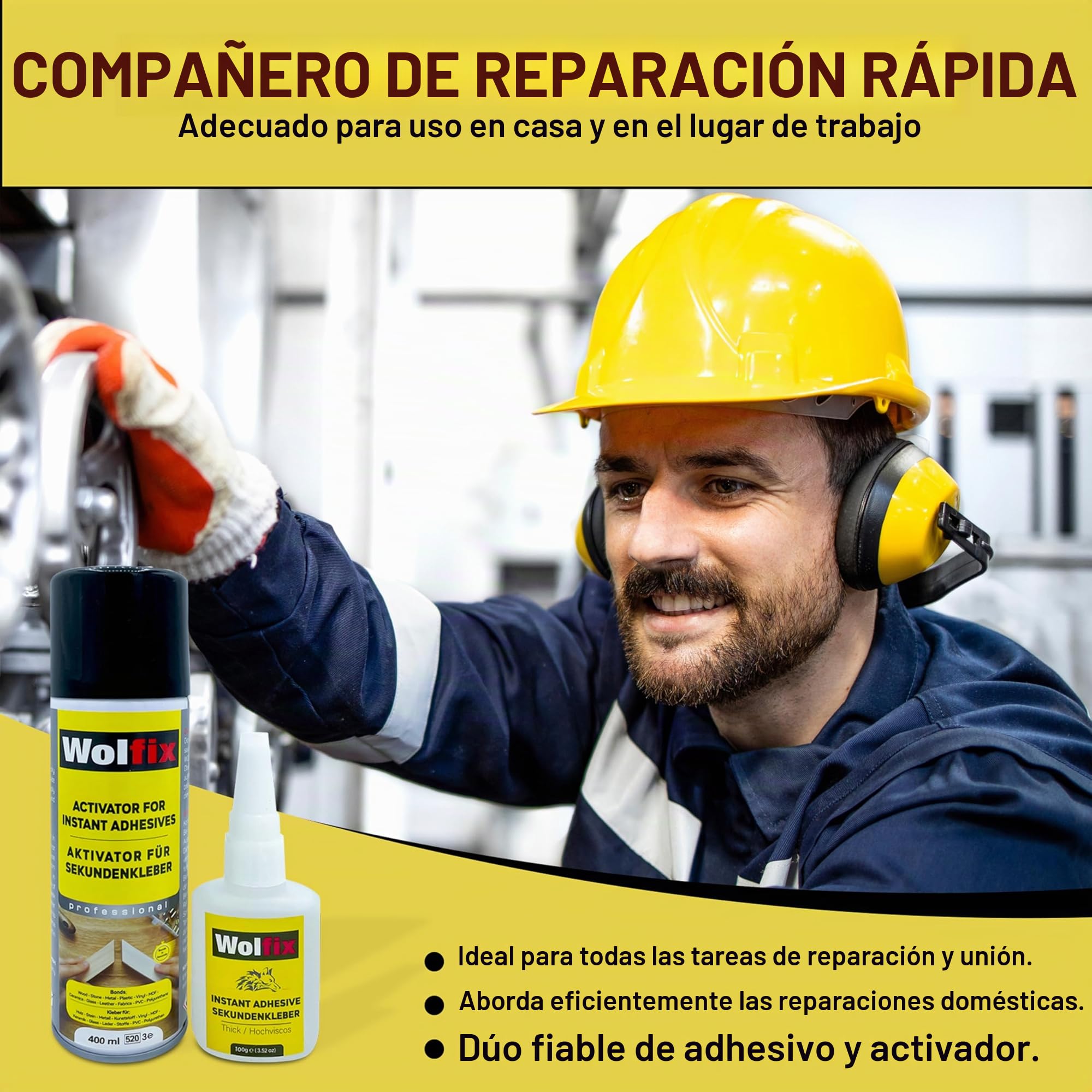 Wolfix Pegamento instantáneo 100 g con activador 400 ml spray para reparaciones universales con alta fuerza de adhesión universal cianoacrilato, juego de pegamento extra fuerte profesional