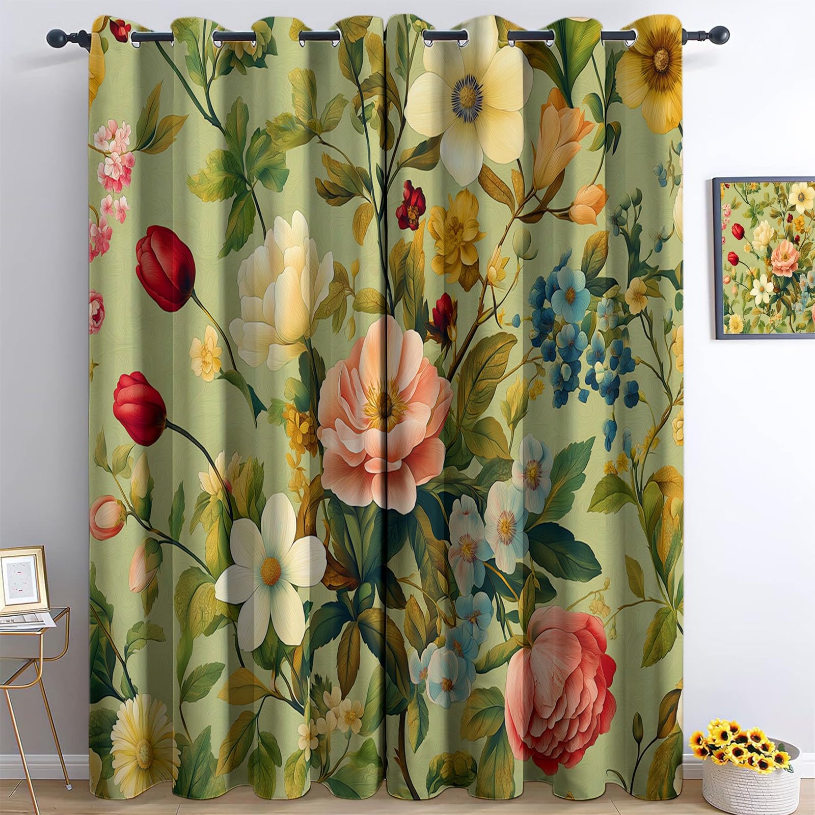 Art Deco Roses Termiczna zasłona zaciemniająca 140 x 225 cm, zestaw 2 sztuk, zasłony okienne, do salonu, domu, izolacja termiczna, ochrona przed zimnem, beżowa