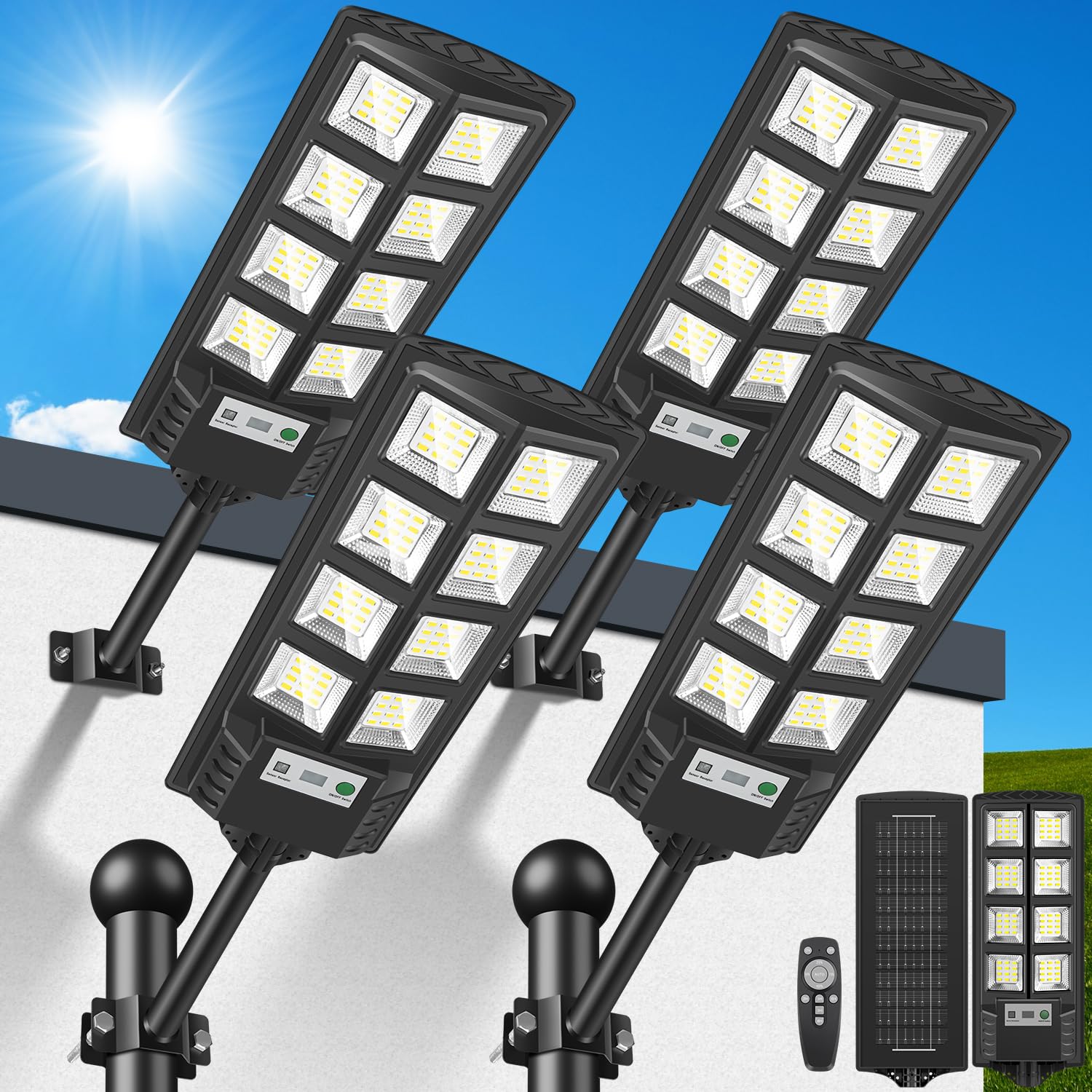 600W Lampione Solare Led Esterno 4 pezzi, 6500K IP65 Impermeabile Faretto Stradale con Sensore di Movimento, Lampioni da Giardino Esterno Solari Lampada Stradale Solare per Garage Strada