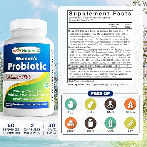 Miniatura 2 de Best Naturals Probióticos para mujeres 100 mil millones de UFC – 10 cepas + fibra de prebióticos + mezcla de enzimas digestivas + mezcla de hierbas