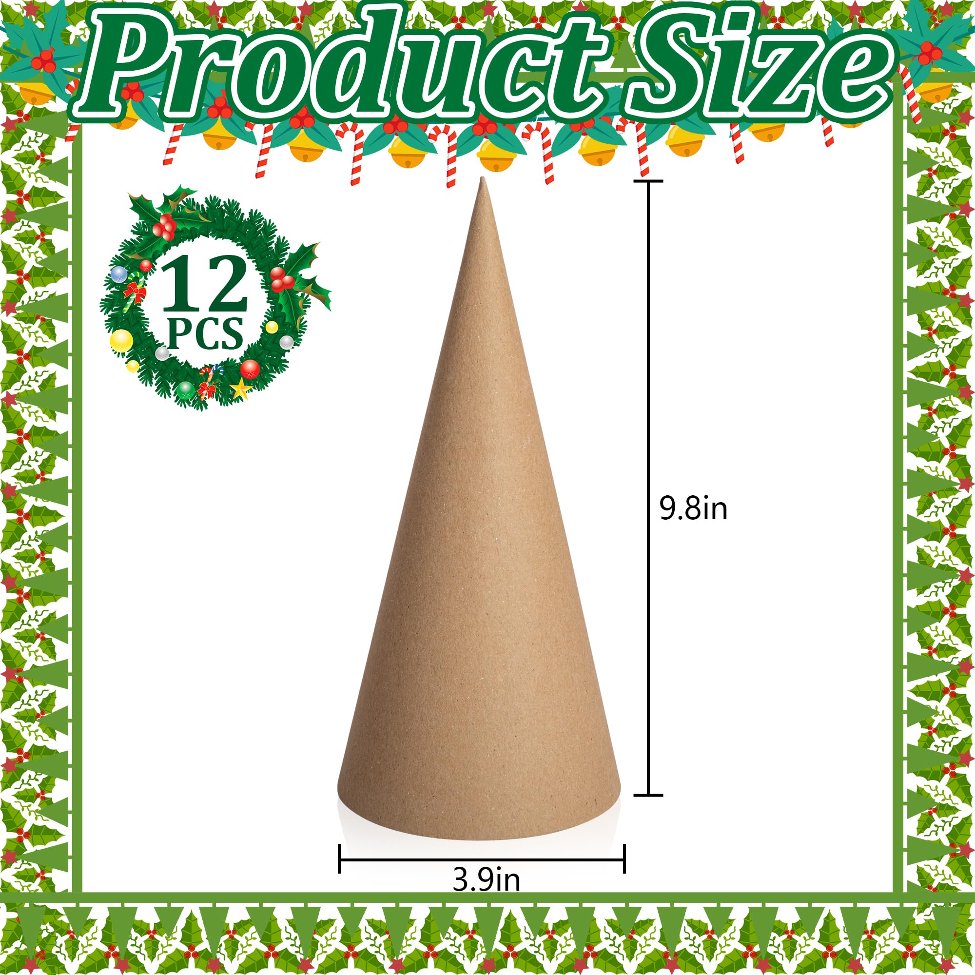 RunNico 12 coni di cartapesta di Natale spessi, 25,9 x 9,9 cm, coni in cartone spesso con fondo aperto, per albero di Natale, gnomi, decorazioni fai da te