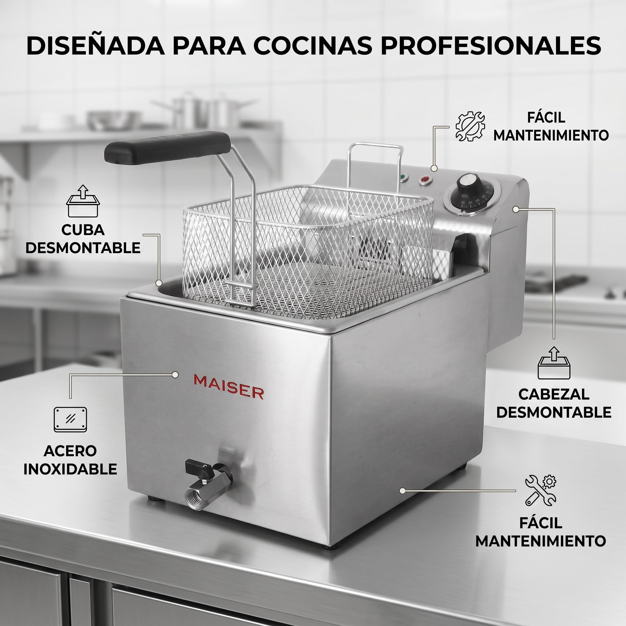 Freidora Industrial de Aceite 8 Litros Trifásica 400 V 9 kW Con Grifo