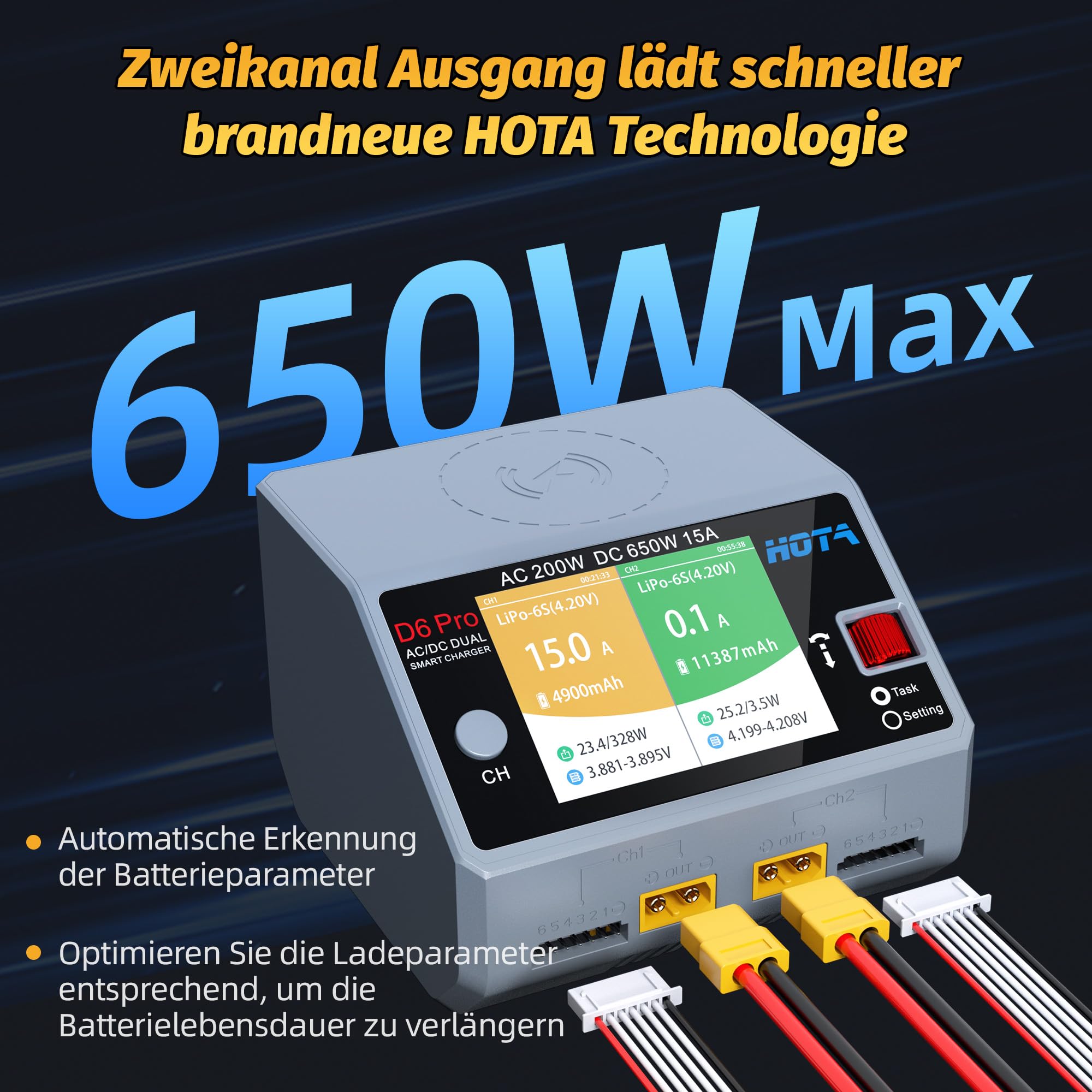HOTA D6 Pro RC Akku Dual RC Ladegerät, AC200W DC 325W, 15A, Balance Ladegerät zum Laden von RC LiHv, Nicd und NiMH Akkus, RC Auto, RC Boot, FPV Renn Drohnenteilen