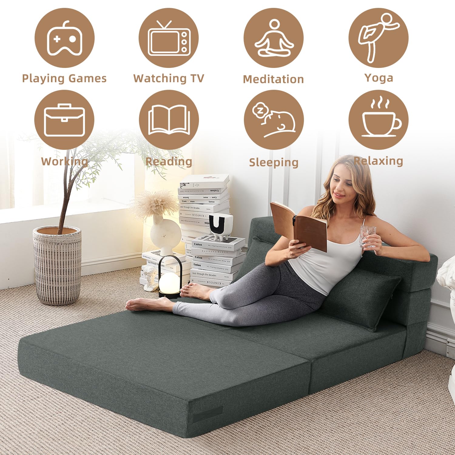 FILUXE Convertible Folding Sofa Bed - Sleeper Chair with Pillow, Modern Linen Fabric Floor & Futon Couch, Foldable Mattress for Living Room/Dorm/Guest Use/Home Office/Apartment, Full Size, Dark Gray