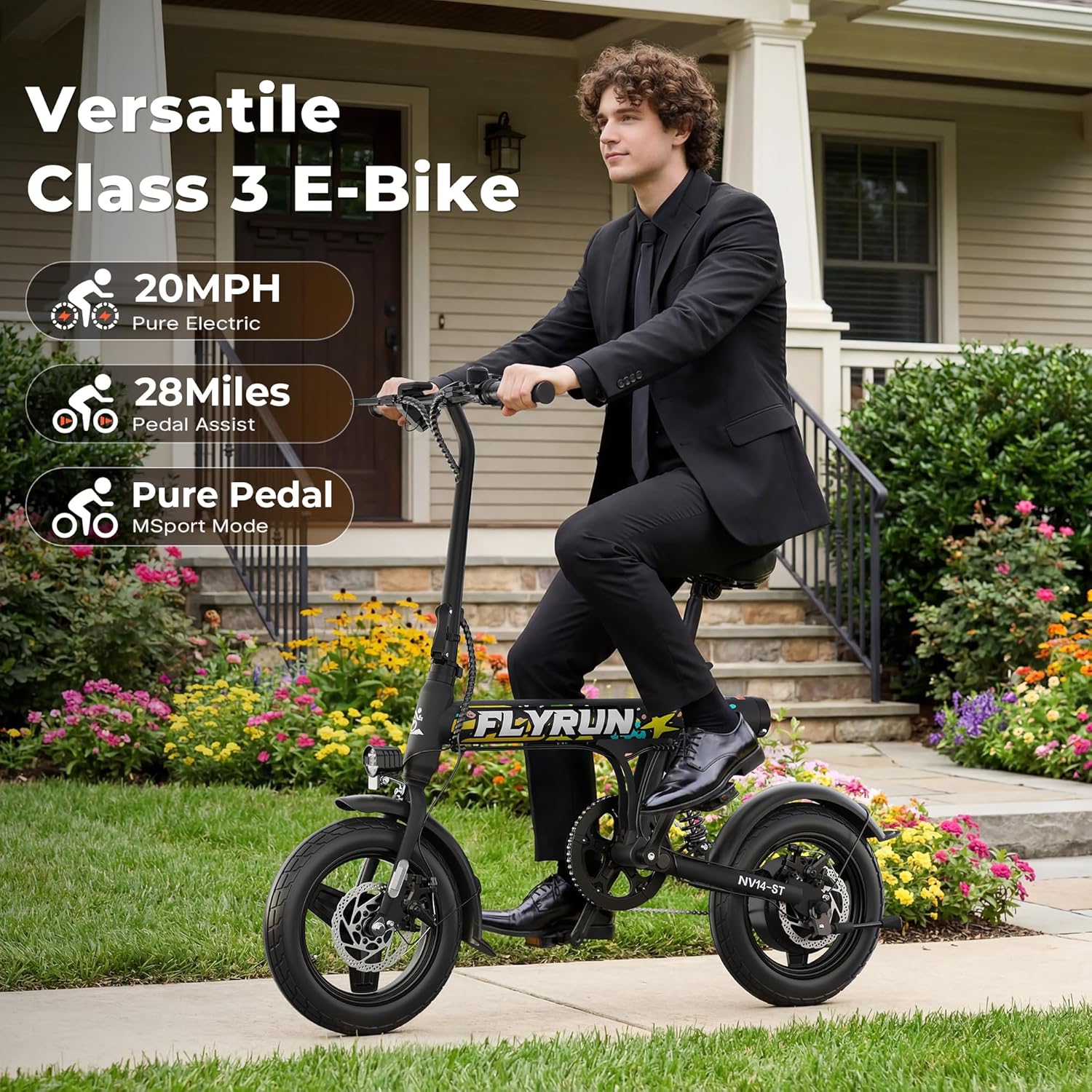 Electric Bike- Peak 500W, 20MPH, Up to 25+Miles, Waterproof Battery, Dual Disc Brakes,Rear Suspension, Stylish 14" Commuter E-Bike for City & Road Sand Mountain