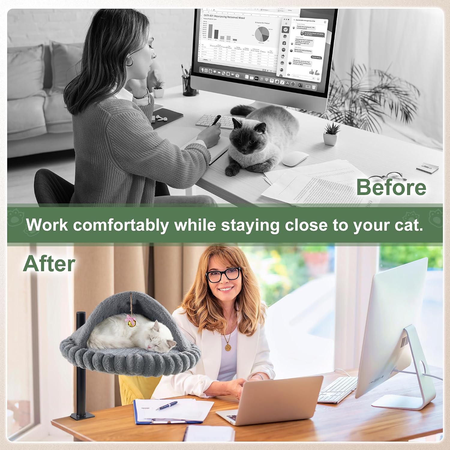 Cat Desk Bed with Self-Heating Pad – Desk Mounted Cat Bed Nest with Bell | Cozy Cat Hammock for Desk, Cat Bed for Desk Attachment & Furniture-Loving Cats