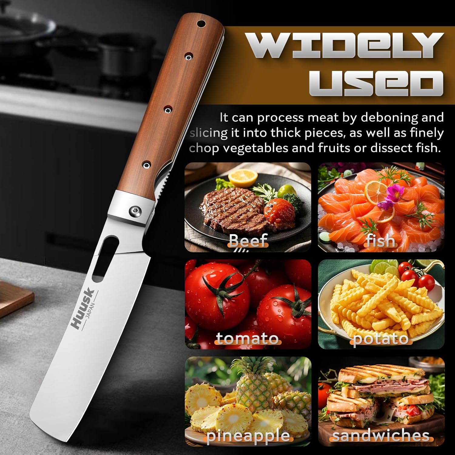 Huusk Folding Chef Knife Set - Including Nakiri, Santoku, Bread and Fruit Knives - EDC Kitchen Knife Set with 440C Stainless Steel Ultra Sharp Blade - Japanese Pocket Knives - Gifts for Mom
