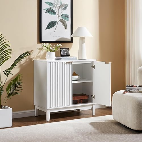 Miniatura 14 de Armario estriado con almacenamiento, aparador de 2 puertas, armario moderno con estante ajustable para cocina o sala de estar, ceniza natural