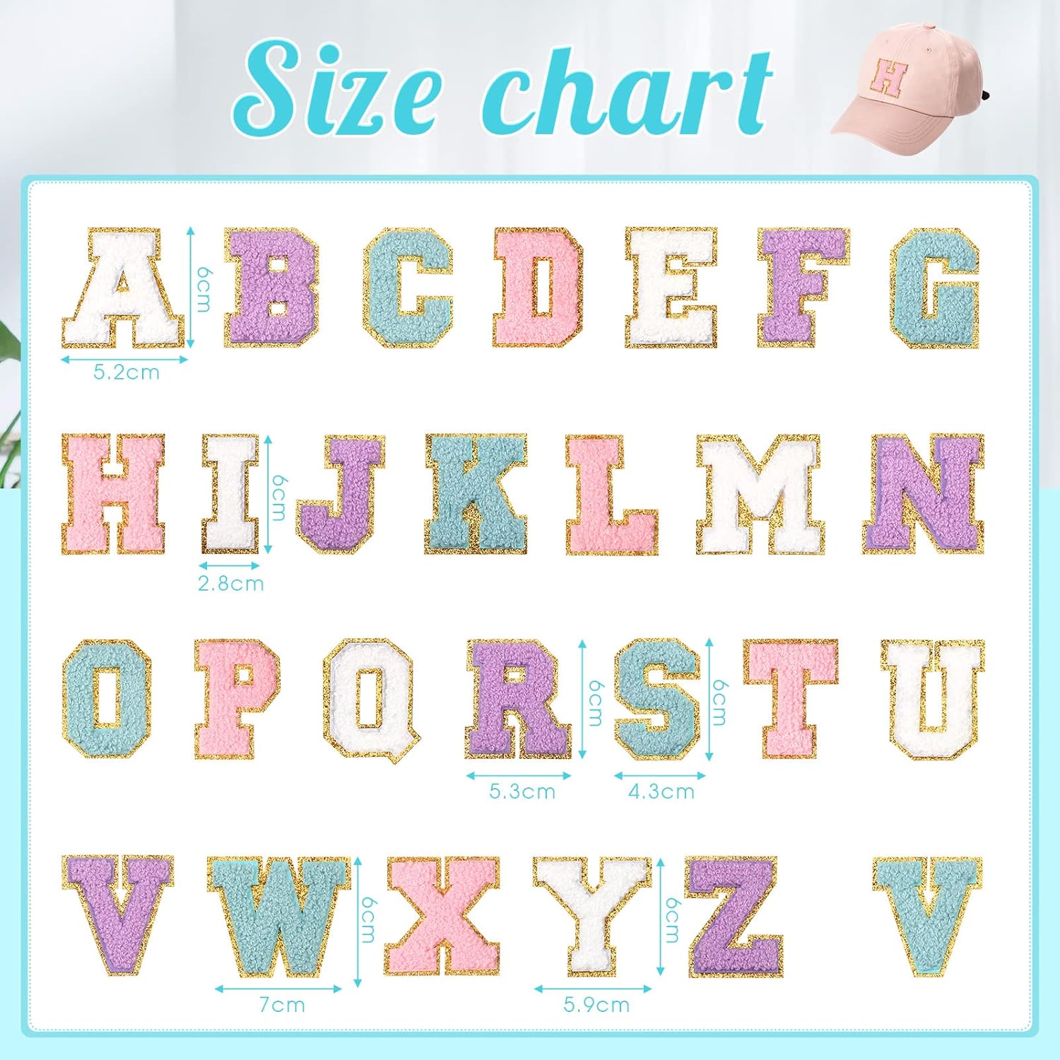 104 Pcs Letter Patch Iron on Chenille A-Z Repair Alphabet Applique Patches Embroidered Letter Sew on with Gold Border for Bags Shirts(2.36'',Purple White Pink Blue)