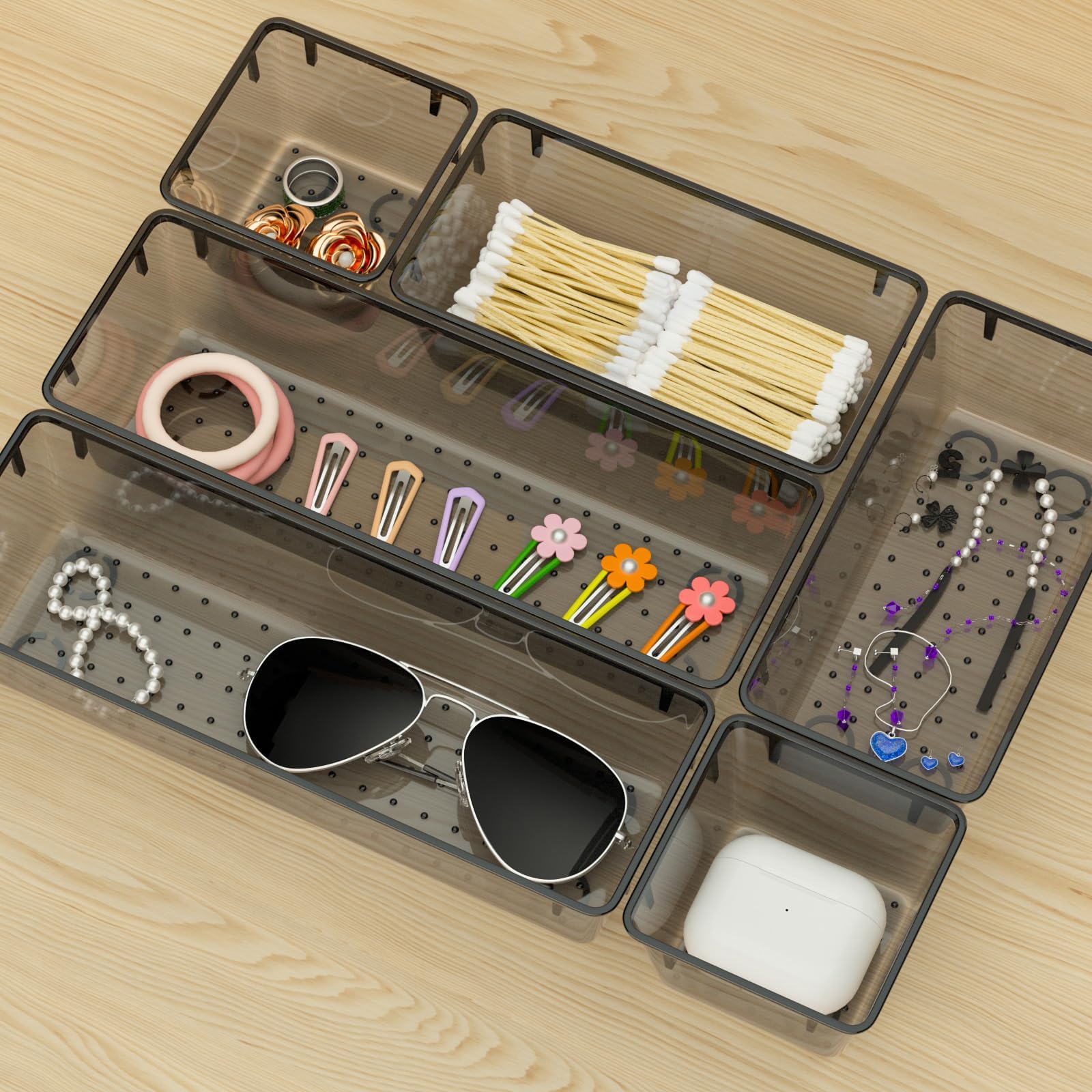 WOWBOX Juego de 6 organizadores de cajones transparentes, bandejas de almacenamiento de cajones de acrílico, contenedores de almacenamiento para maquillaje, cosméticos, joyas, utensilios,
