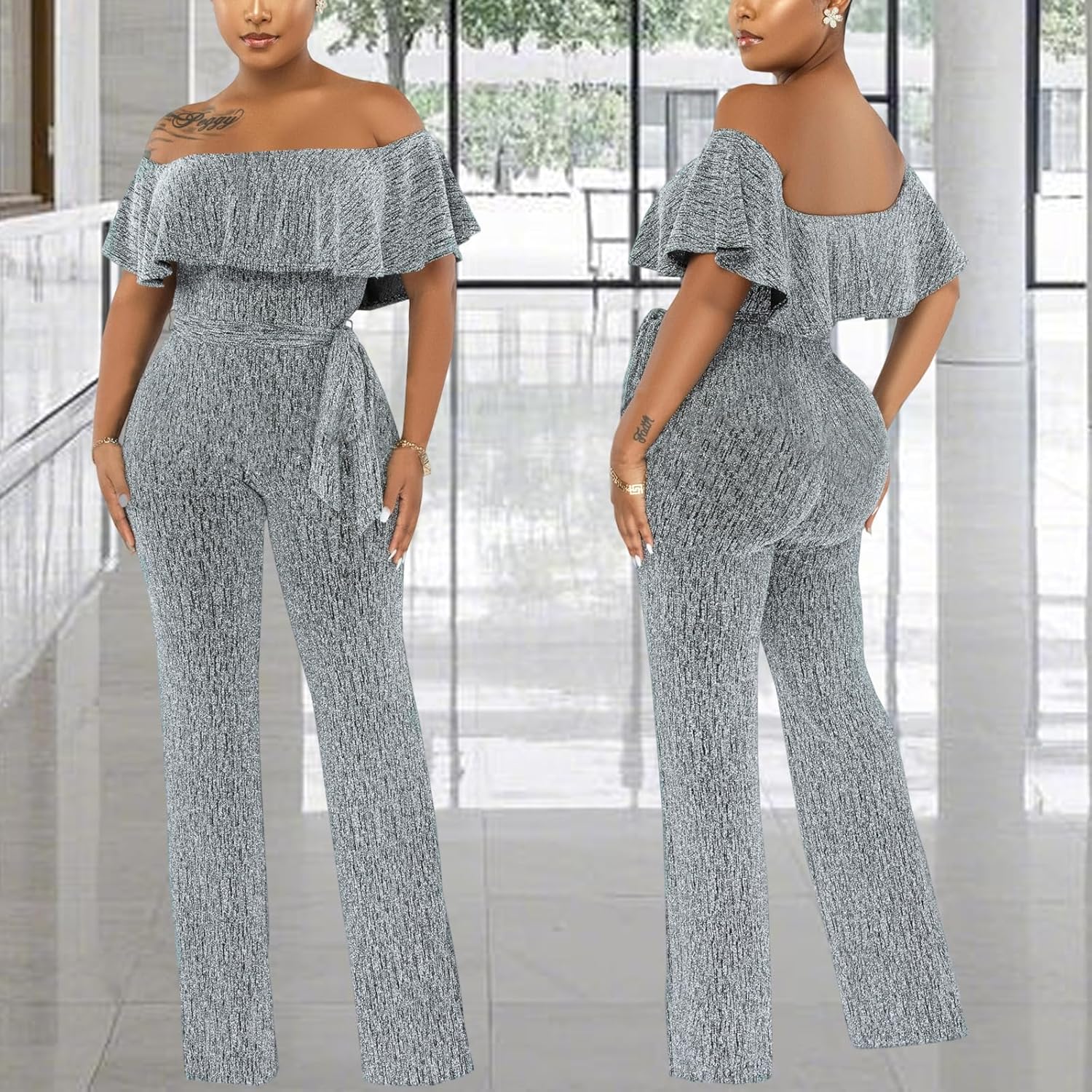 Women's Sexy Sparkly Classy Jumpsuits Casual Off Shoulder Loose Wide Leg Pants Clubwear Party Rompers - Image 8