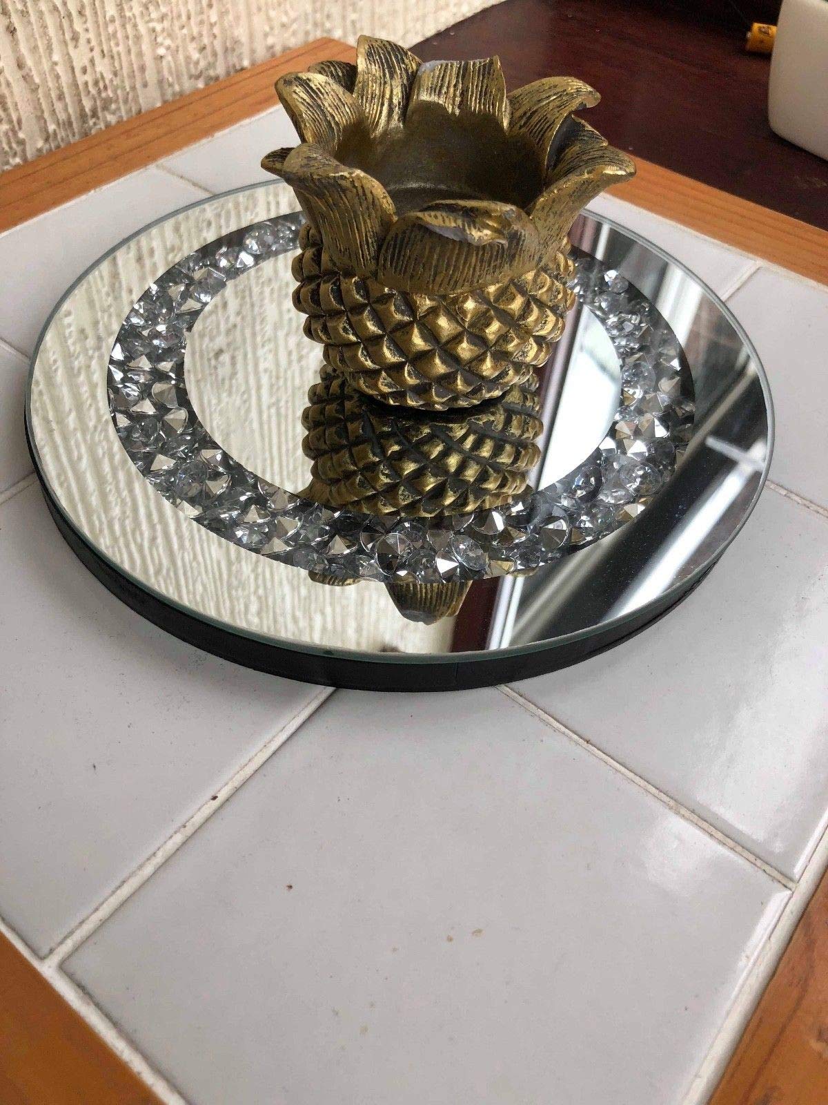 Home Stuff Metallic 20Cm Crushed Jewels Diamante Mirrored Candle Plate Bling Wedding Table Round