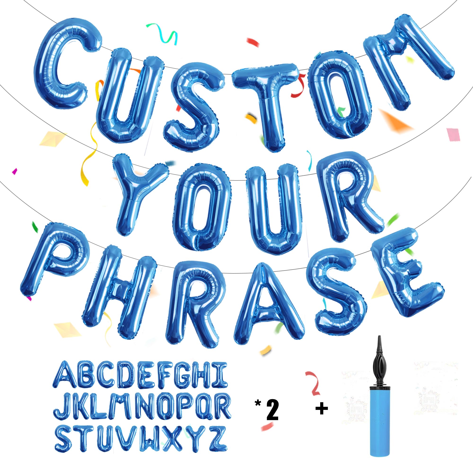 TangTuan 52 pcs Blue Foil Letter Balloons with Air Pump, 16 Inch 2 A-Z Sets - Mylar Alphabet Balloon Kit for Birthday Banner & Party Decorations
