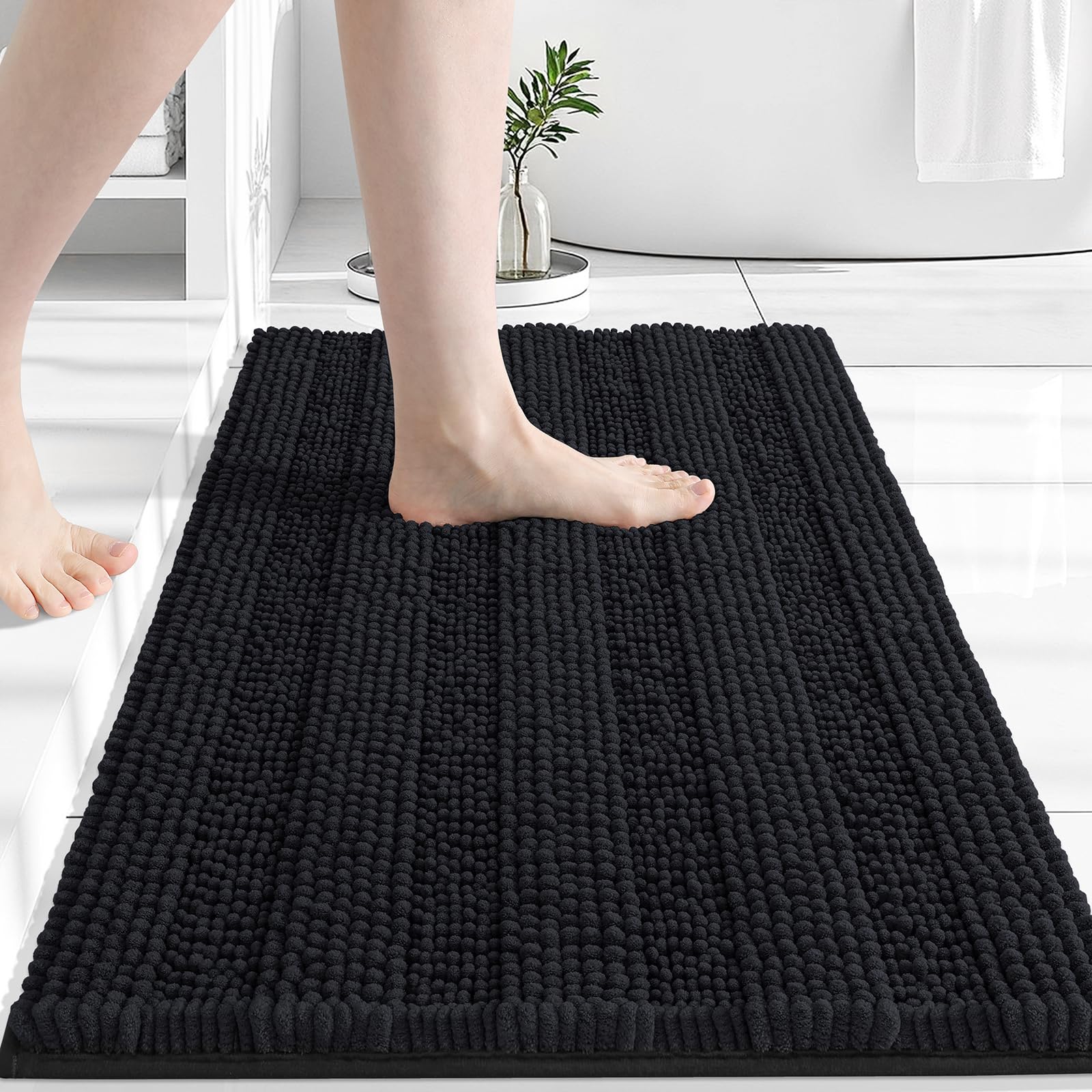 Grandaily Chenille Bathroom Rugs 24x16, Soft Absorbent Bath Mats, Black