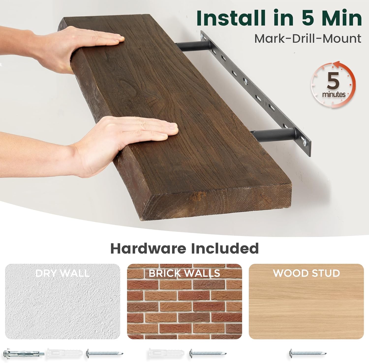 36 Inch Live Edge Floating Shelves, 8 Inch Deep Solid Elm Wood Wall Shelf, Heavy-Duty Wall Mounted Shelf with Invisible Brackets for Living Room, Bathroom, Kitchen, Set of 2, Walnut Color