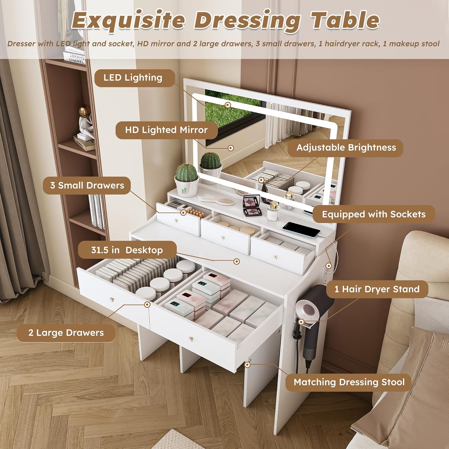 Vanity Desk with LED Light Mirror, Storage Makeup Vanity Table with Stool, 5 Drawers, Hairdryer Holder, Power Outlet, 3 Adjustable Lighting Colors, Dressing Table and Chair for Bedroom, White
