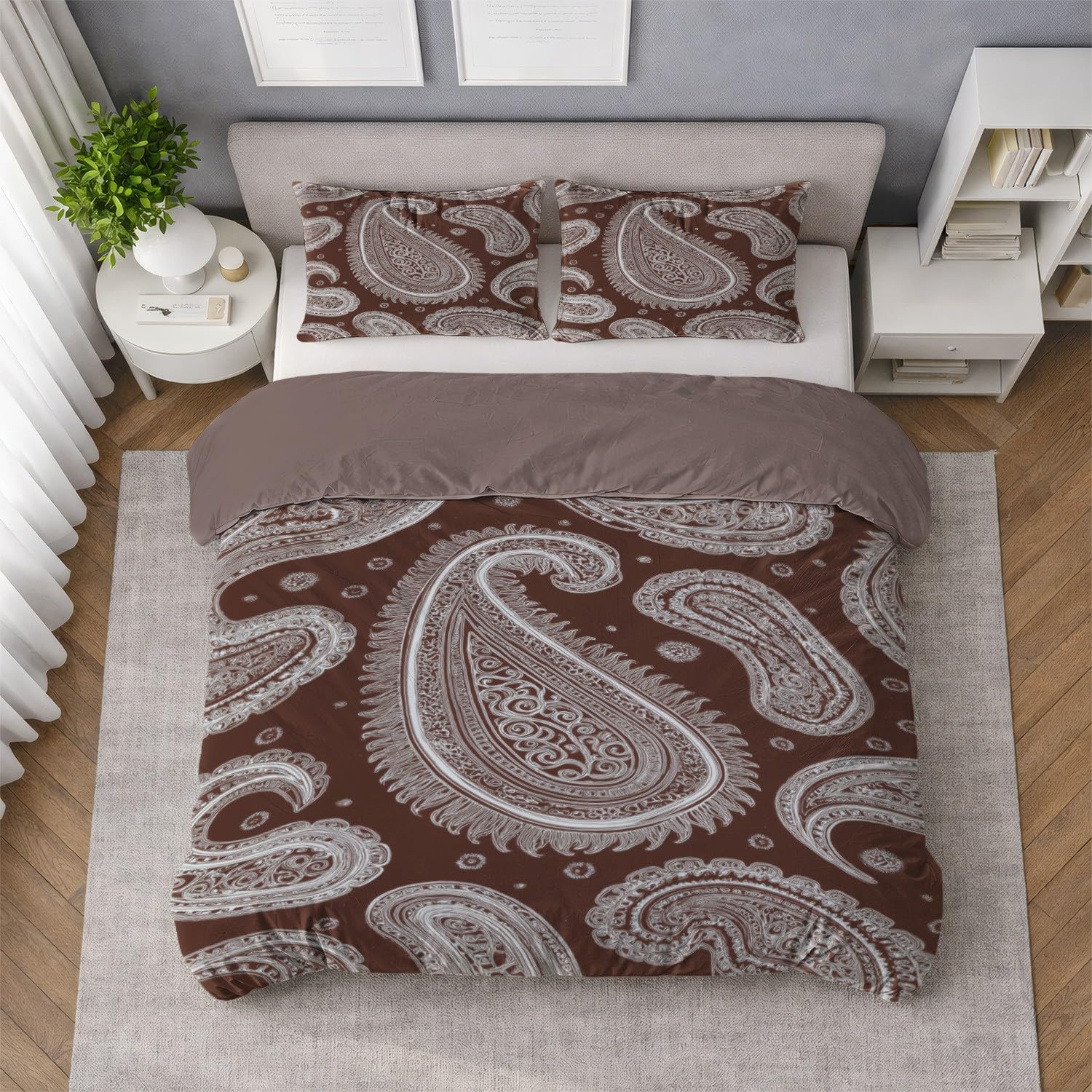 Generic Zestawy poszewek na kołdrę w rozmiarze king size, minimalistyczna, nowoczesna, delikatna pościel z wzorem paisley, brązowo-biała, dwustronna, oddychająca, hipoalergiczna, zestaw pościeli z
