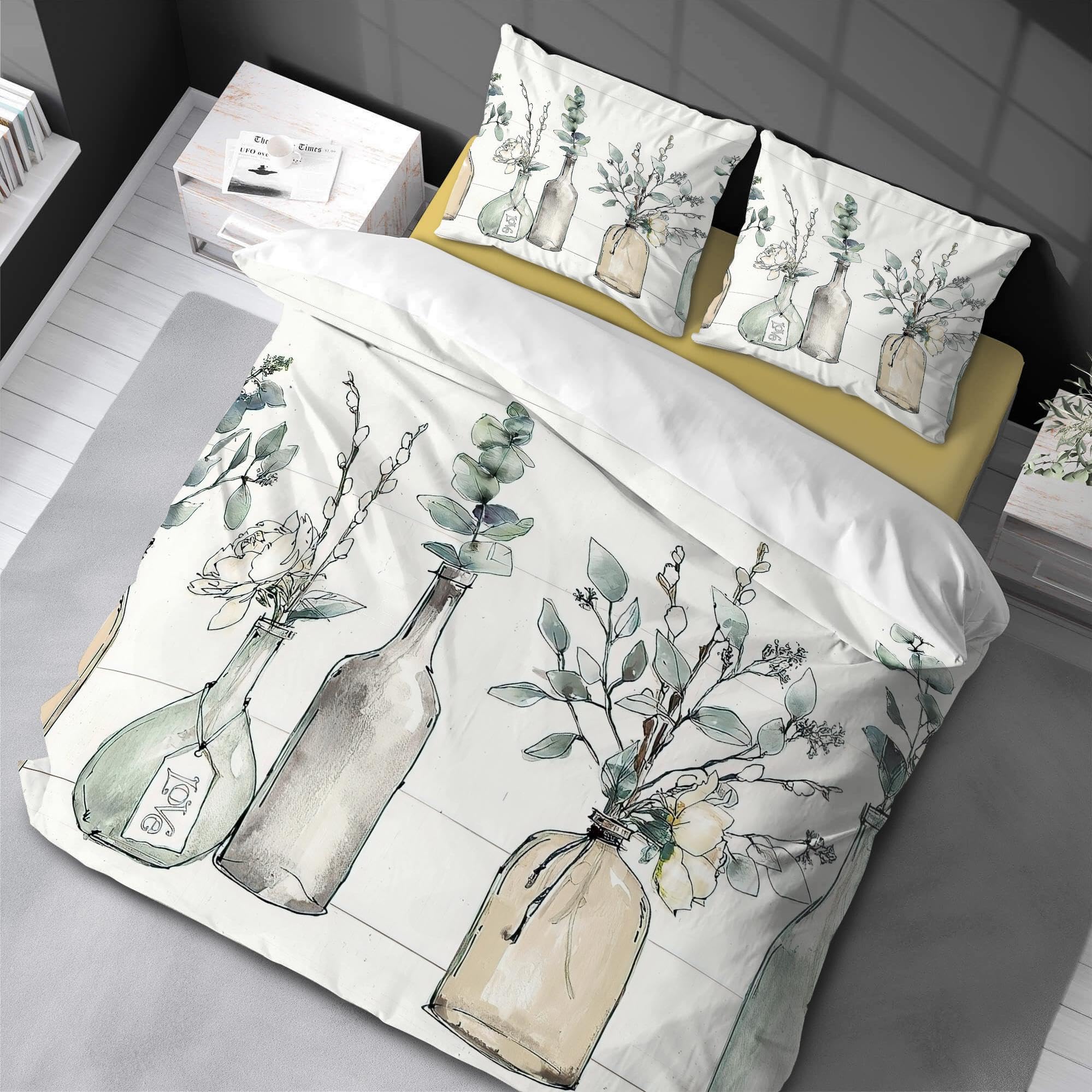 Housse de couette florale queen parure de lit microfibre verte 168x229cm bohème