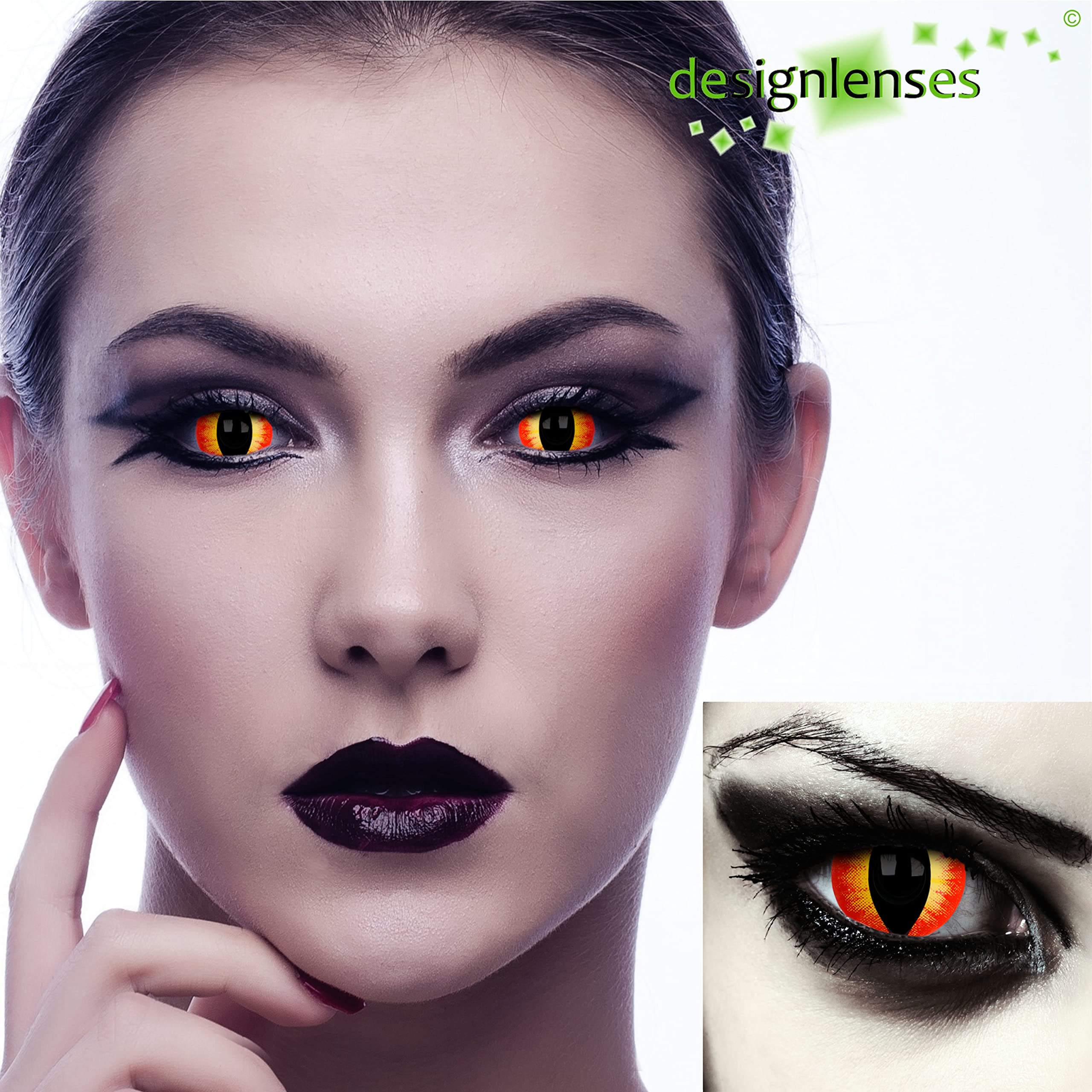 lentilles de contact couleur rouge oeil de chat sans correction, effet grands yeux, diamètre 17mm, 1 paire(2 pcs) Halloween caranaval costume Witcher Cosplay + Récipient (Sauron's Eye)