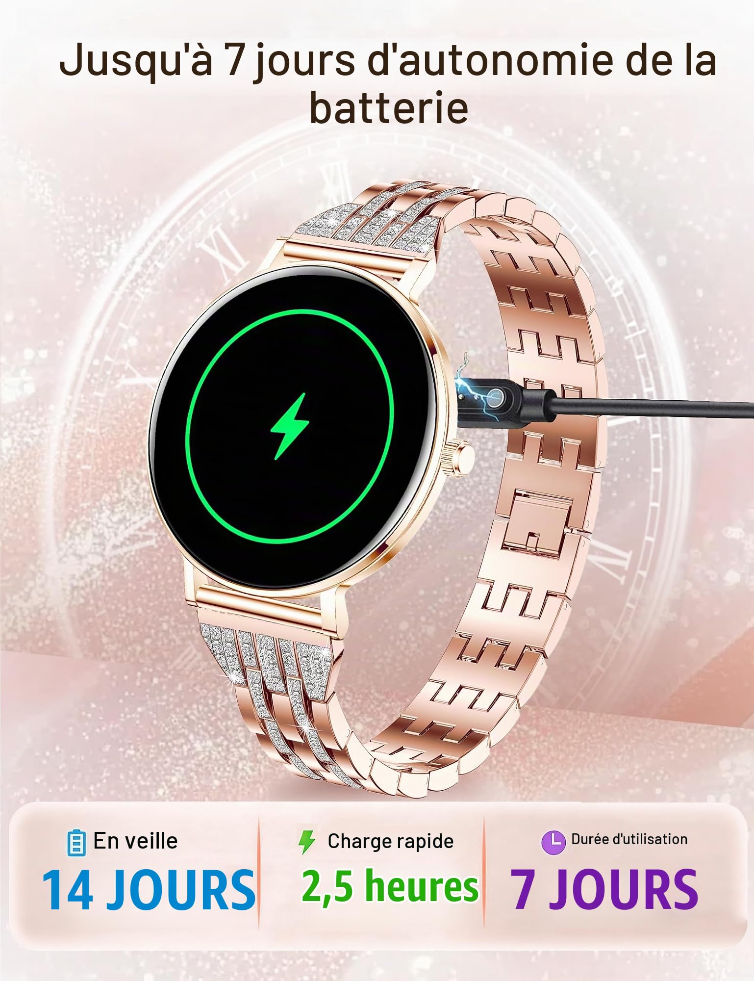 Montre Connectée Femme Ultra-fines (8mm),Écran AMOLED 1,32",Batterie 7 Jours,Suivi Santé et Sommeil,Appel BLE5.3,Assistant Vocal,Fonction Féminine,IP68 Étanche Smartwatch pour Android iOS,Or Rose