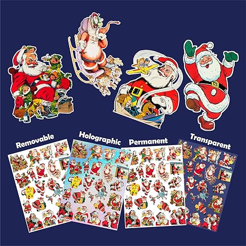 Stickers Pack (Over 150 Stickers) Jolly Old St Nick: Delightful Christmas Collection of Santa Claus Through The Yuletide Season ~ Removable White Vinyl Hologram Transparent