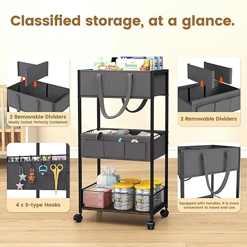 Miniatura 3 de Organizador y almacenamiento de pañales, organizadores de almacenamiento de 3 niveles para bebés con 2+2 divisores, carrito rodante de pañales de