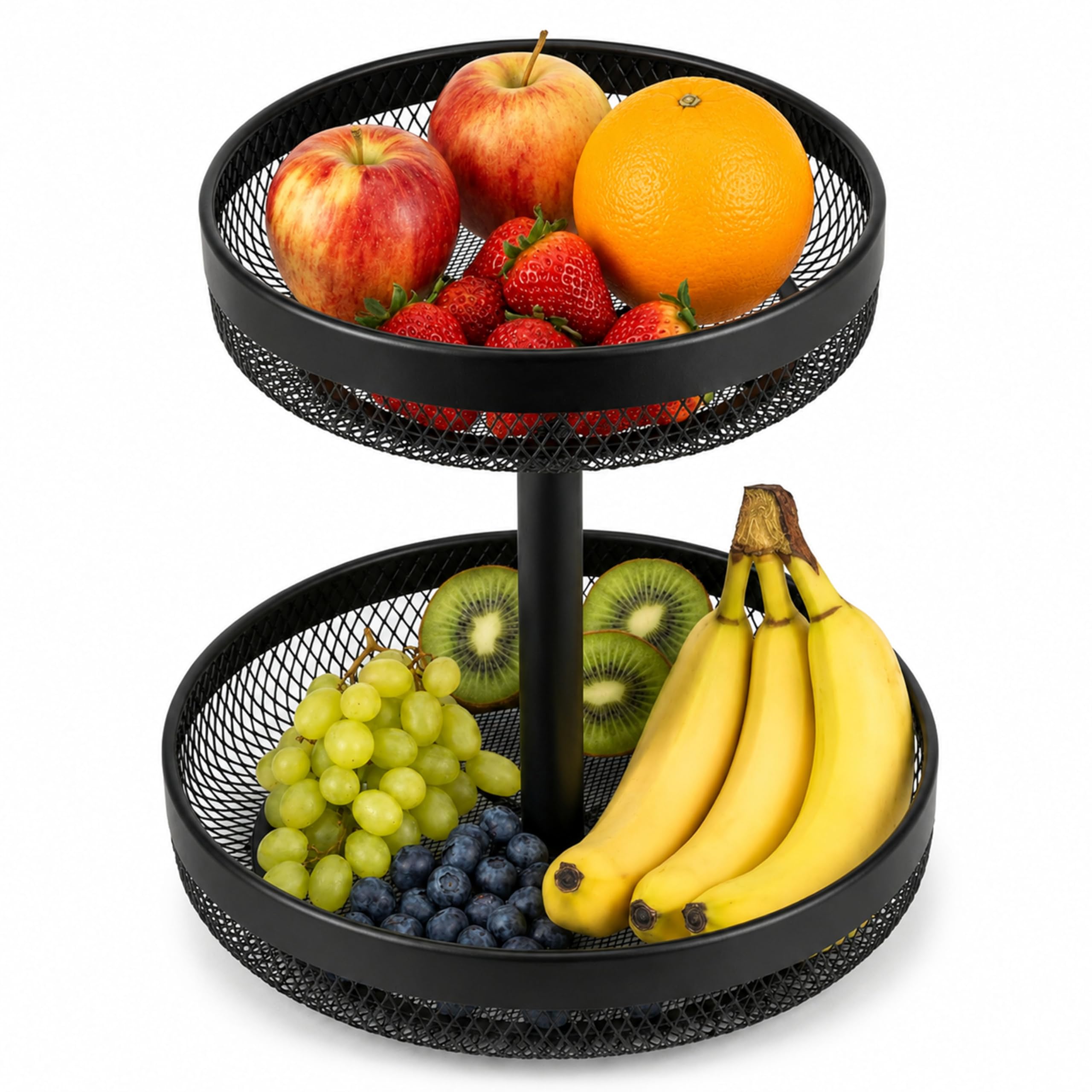 URMONA 2-stöckiger Obstkorb, runde Obstschale aus Metall für Küche, Schwarz | Platzsparender Brotkorb und Snack Organizer für Obst, Gemüse und Gebäck auf Arbeitsplatte, Esstisch oder im Wohnzimmer