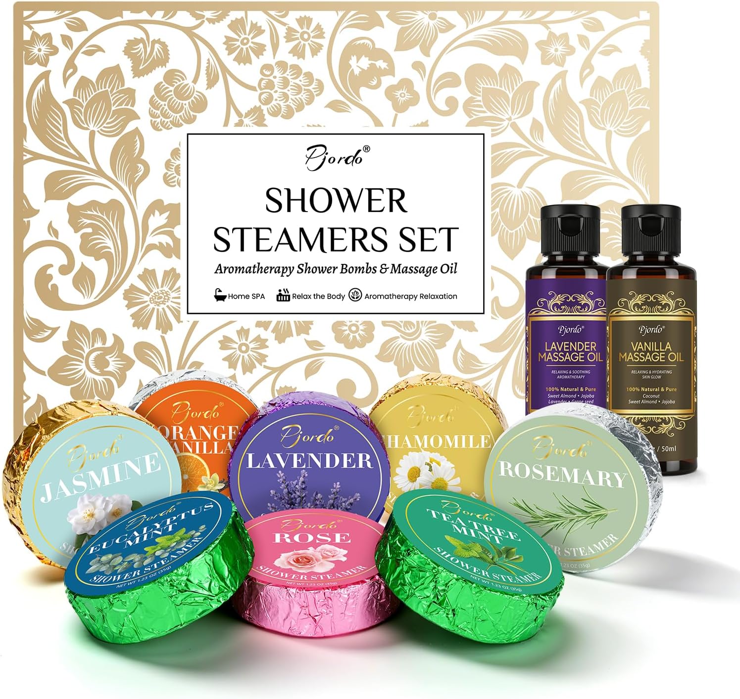 Pjordo Shower Steamers Aromatherapy, Birthday Gifts for Women Wife Her, 16 Pack Shower Bombs with Natural Essential Oil & 2 Pack Massage Oil for Moisturizing, Self Care Relaxation Home Spa