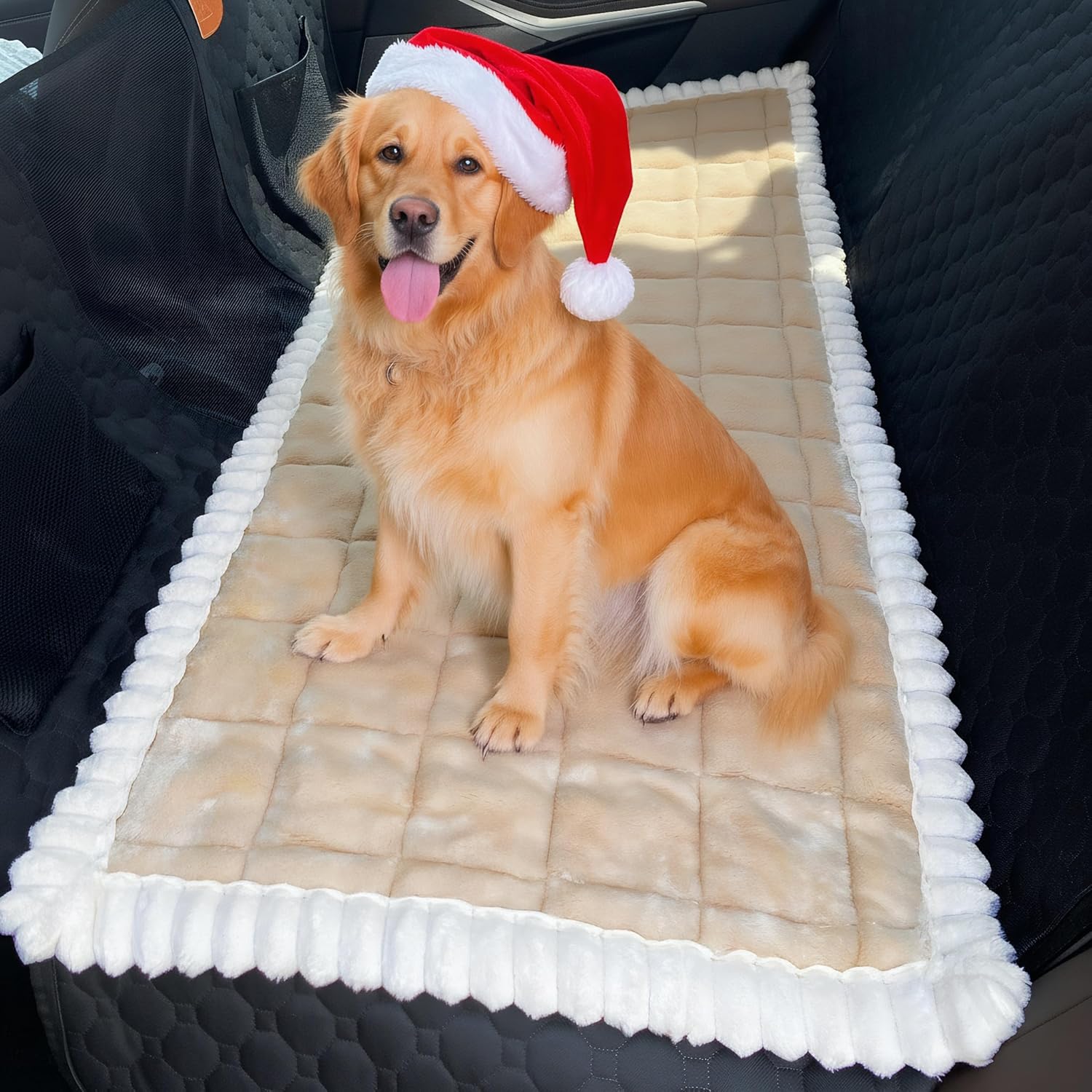 Dog Car Seat Cover for Back Seat, Dog Bed for Car, Fit for Backseat Extenders, Car Seat Protector, Nonslip Soft Durable for Cars Trucks and SUVs (Light Brown and White, 24.8"*54")