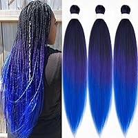 Vista 1 de Cabello trenzado preestirado degradado, negro, morado, azul, preestirado, 26 pulgadas, paquete de 3 extensiones de cabello de ganchillo