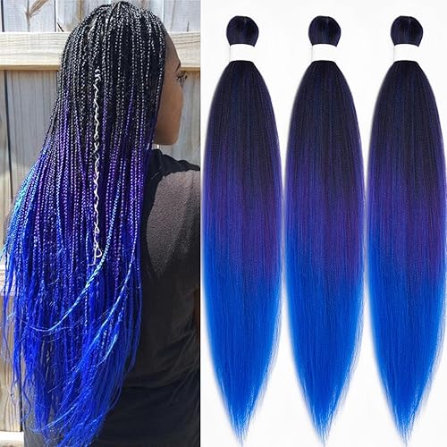Cabello trenzado preestirado degradado, negro, morado, azul, preestirado, 26 pulgadas, paquete de 3 extensiones de cabello de ganchillo de colores