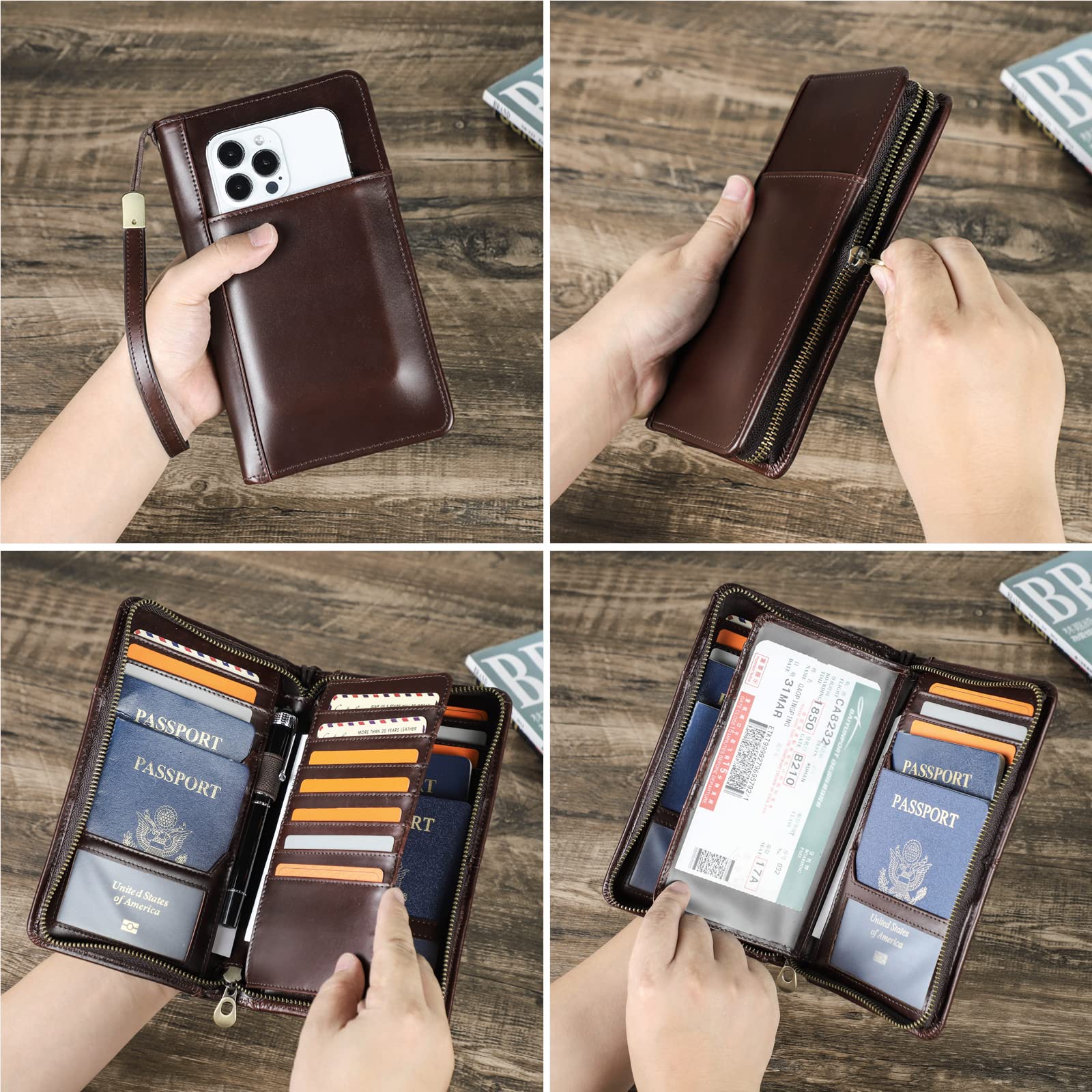 Contacts Hommes En Cuir Véritable Portefeuille Zipper Chéquier Titulaire Argent Billets Voyage Passeport Titulaire De La Carte Pochette Grande Capacité