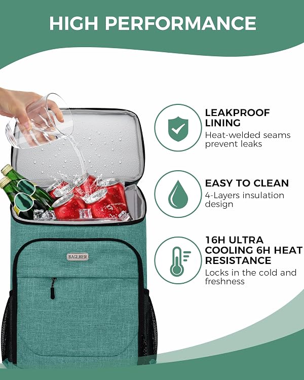 BAGLHER Cooler Backpack 30 Cans, Leakproof Waterproof Cooler Bag with 5 Reusable Ice Pack for Camping, Beach, Hiking, Green by BAGLHER - Image 4